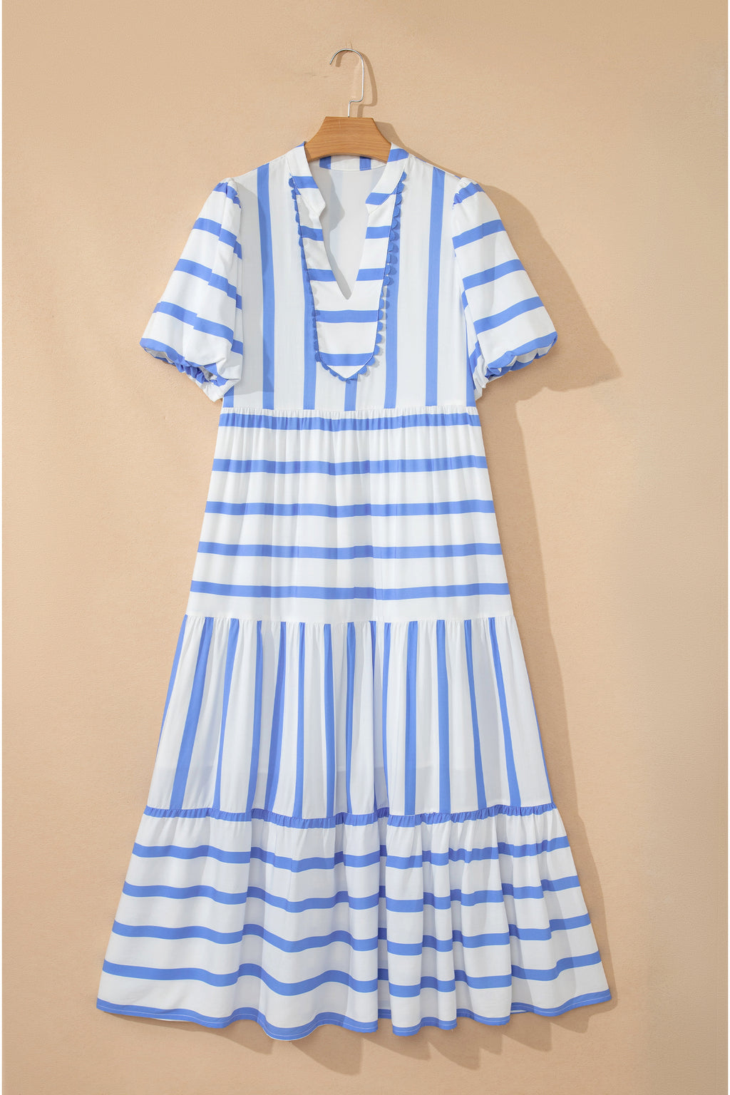 Women's Stripe Ricrac Notch V-Neck Puff Sleeve Midi Dress Green Sky Blue S-XL at LivelyLooks