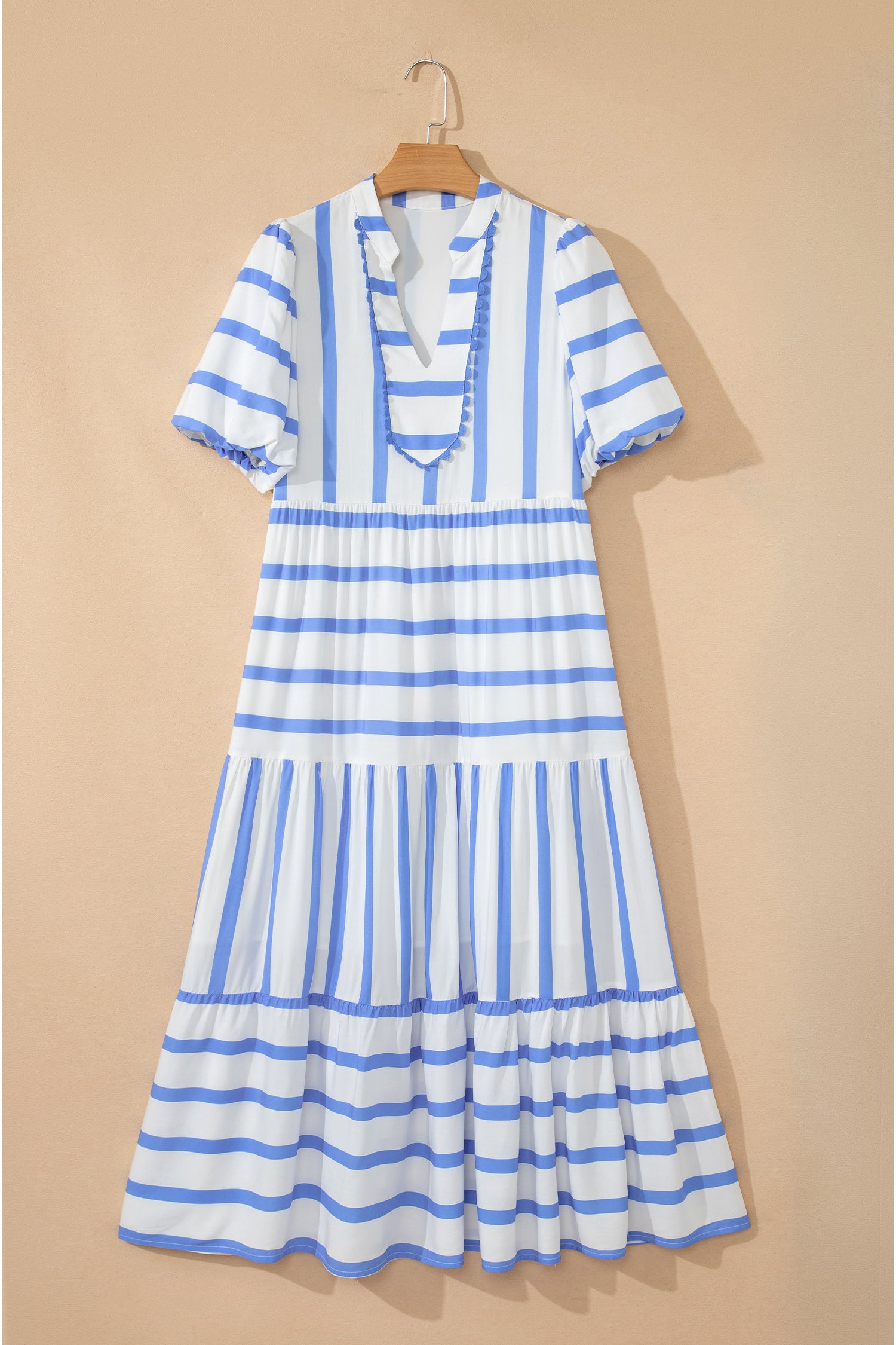 Women's Stripe Ricrac Notch V-Neck Puff Sleeve Midi Dress Green Sky Blue S-XL at LivelyLooks