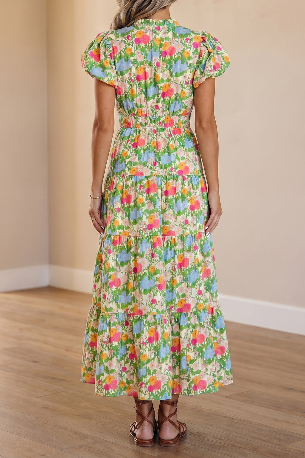 Green Floral Print V-Neck Puff Sleeve Cotton Maxi Dress