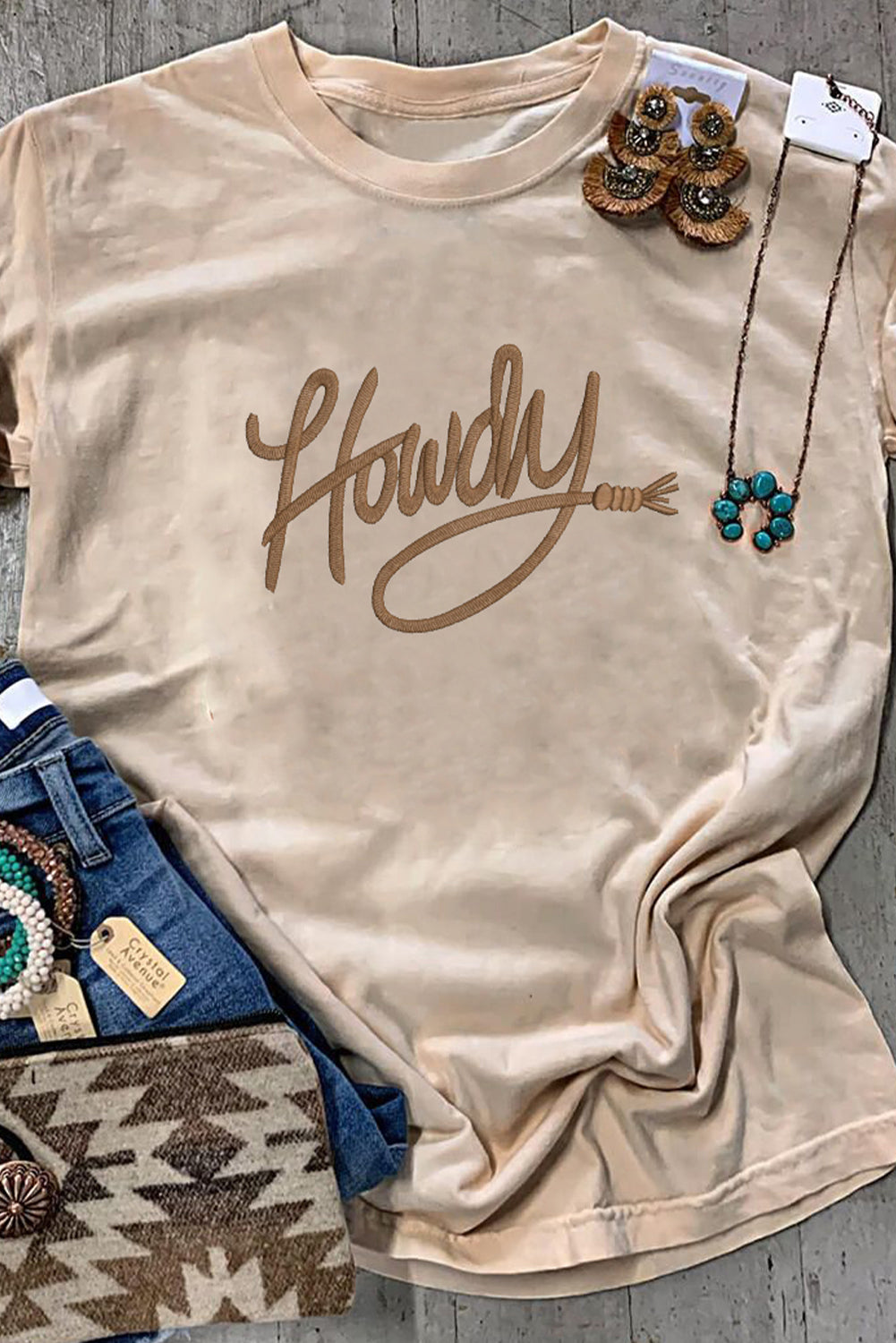 Shop Khaki Howdy Embroidered Graphic Western Tee S-3XL at LivelyLooks