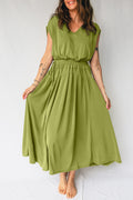 Fern Green V Neck Cap Sleeve Elastic Waist Tunic Maxi Dress S-XL