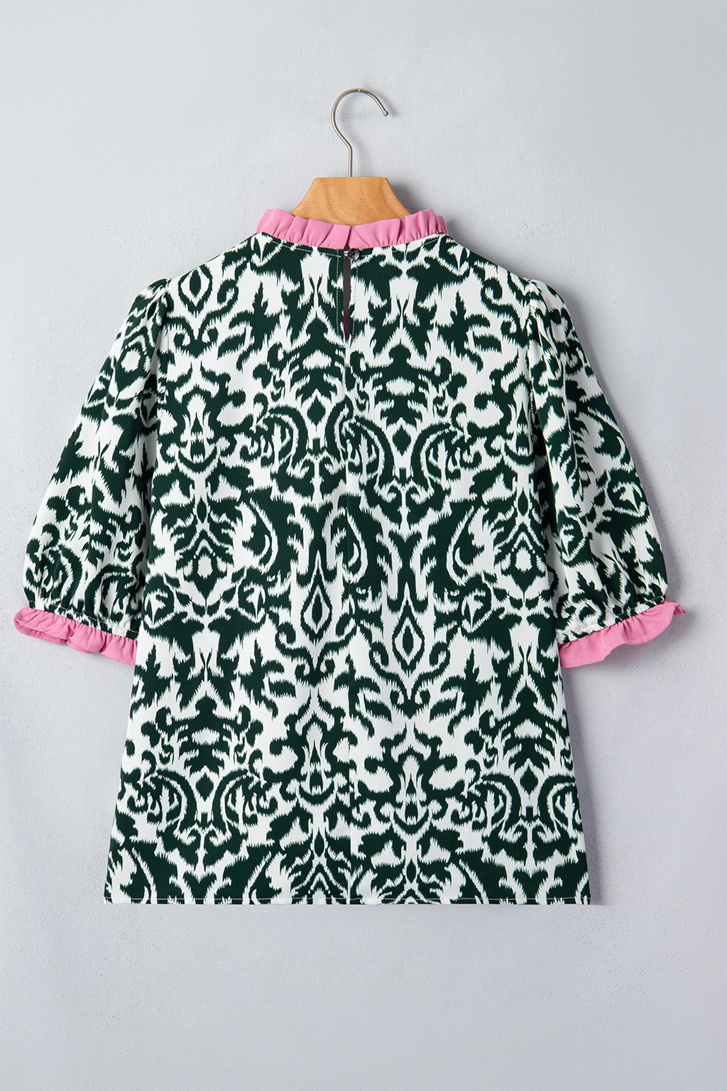 Shop Green Damask Print Ruffled Color Block Detail Half Sleeve Blouse at LivelyLooks