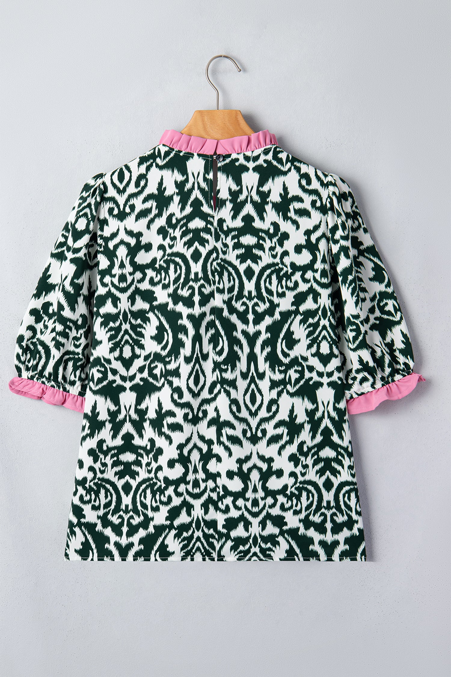 Shop Green Damask Print Ruffled Color Block Detail Half Sleeve Blouse at LivelyLooks