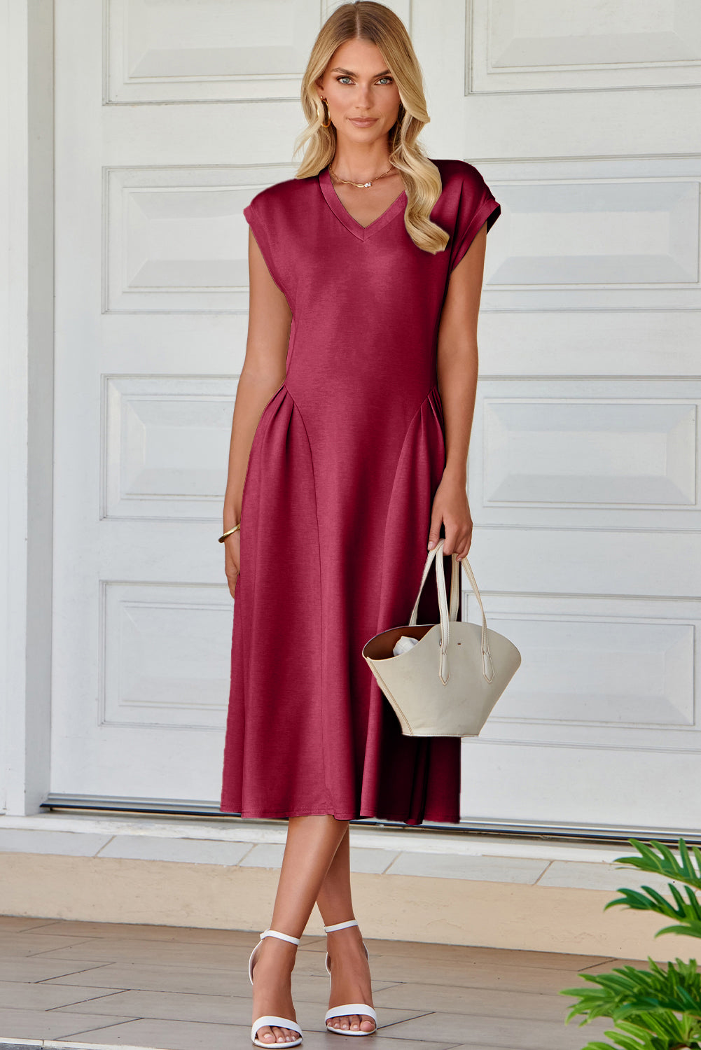 Burgundy V Neck Pleated Flared Midi Dress S-2XL