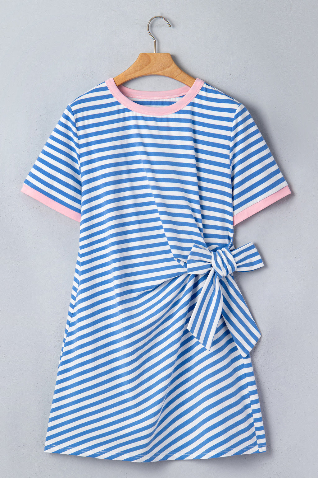 Women's Sky Blue Nautical Stripe Tie Waist Mini Dress at LivelyLooks