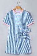 Women's Sky Blue Nautical Stripe Tie Waist Mini Dress at LivelyLooks