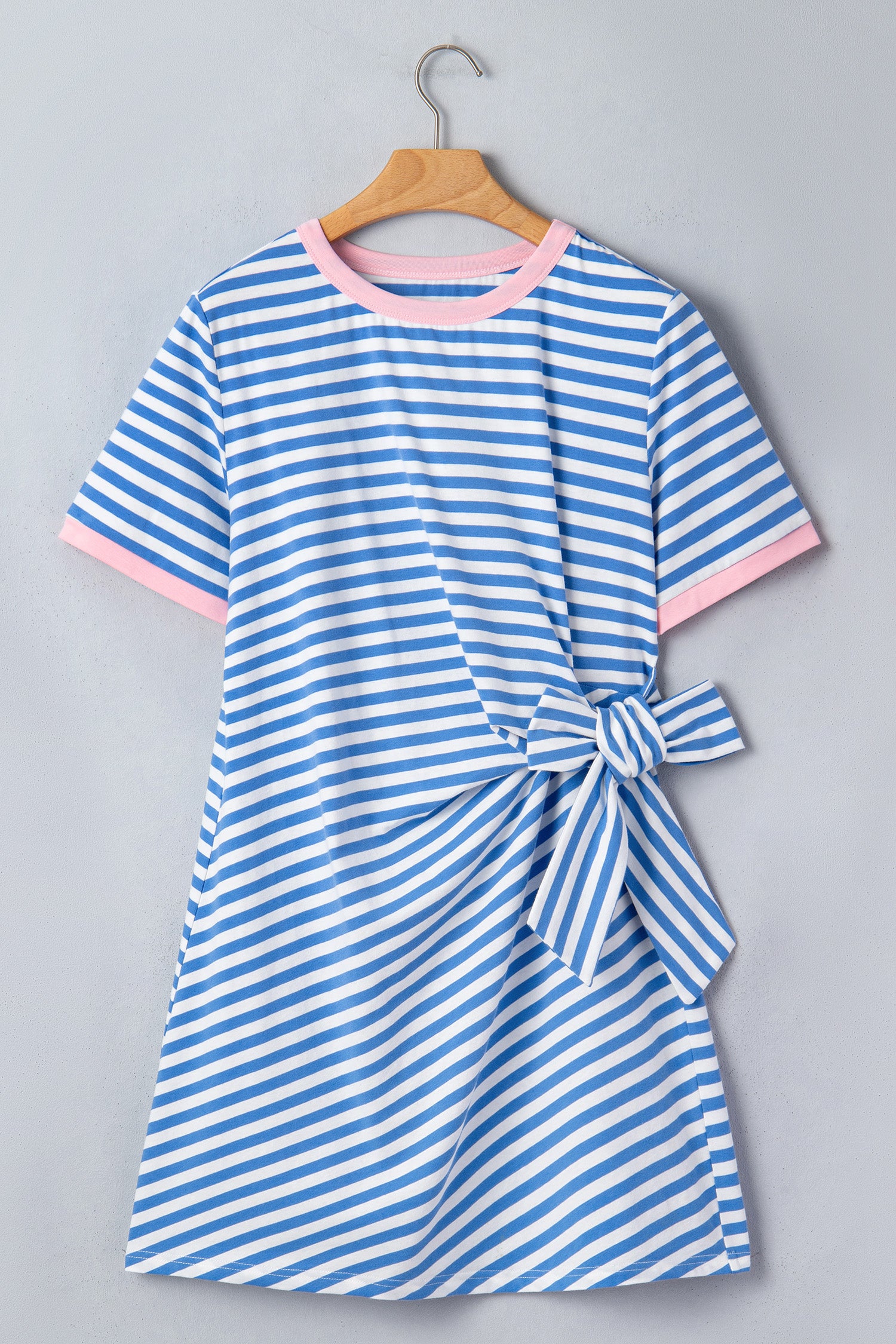 Women's Sky Blue Nautical Stripe Tie Waist Mini Dress at LivelyLooks