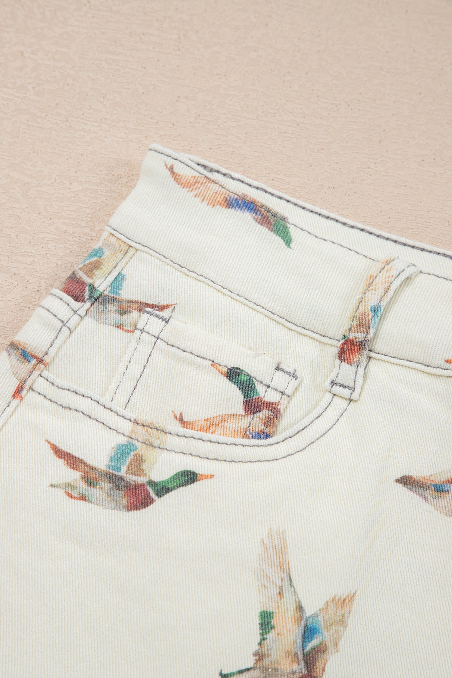 Beige Mallard Print High Waist Frayed Hem Denim Shorts UK 4-16