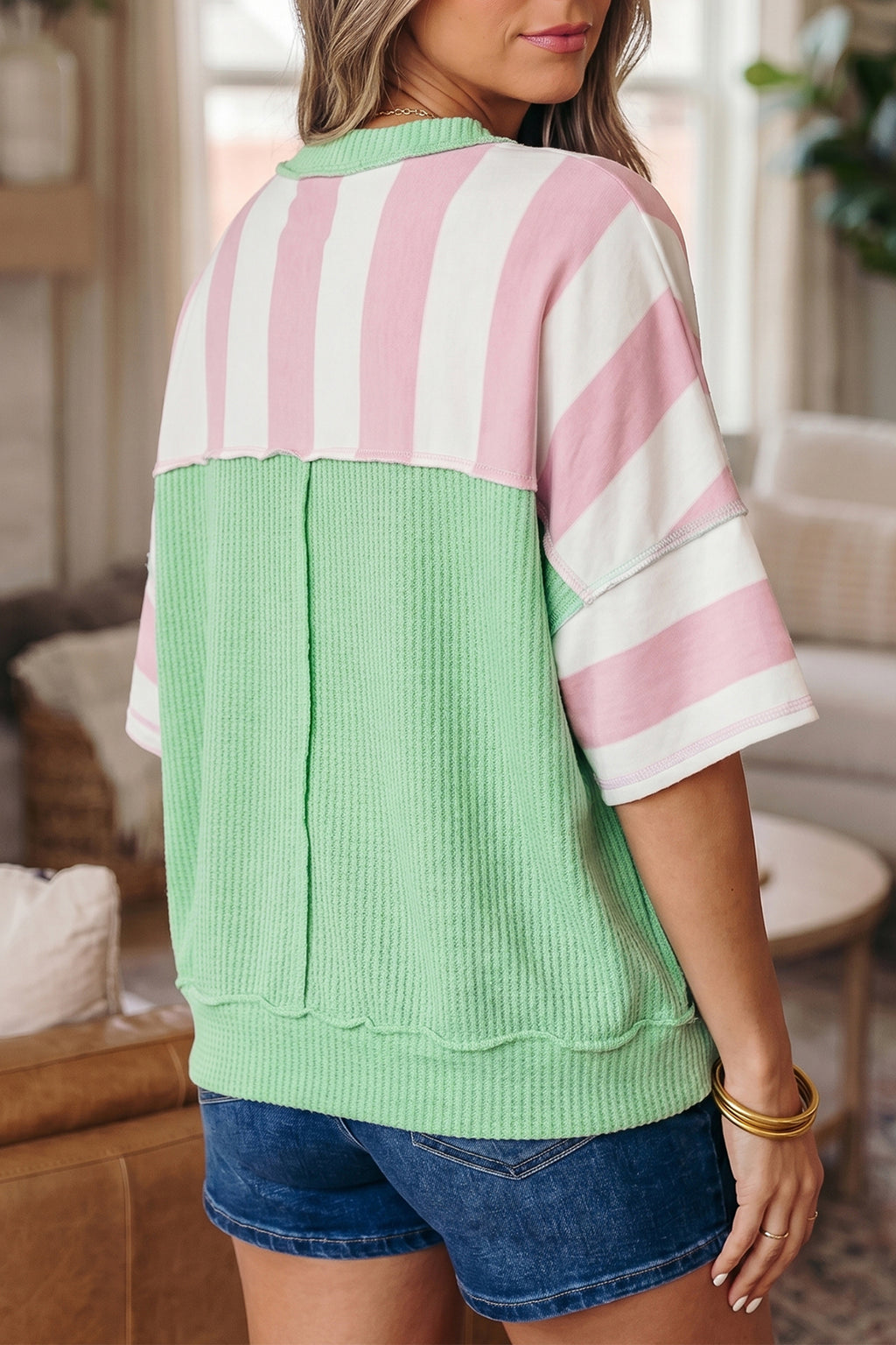 Stripe Colourblock Ribbed Patchwork Exposed Seam Oversized Tee | Pink & Green