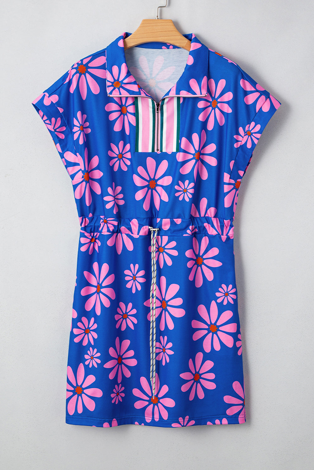 Purple Floral Striped Quarter Zip Cap Sleeve Drawstring Waist Mini Dress S-XL