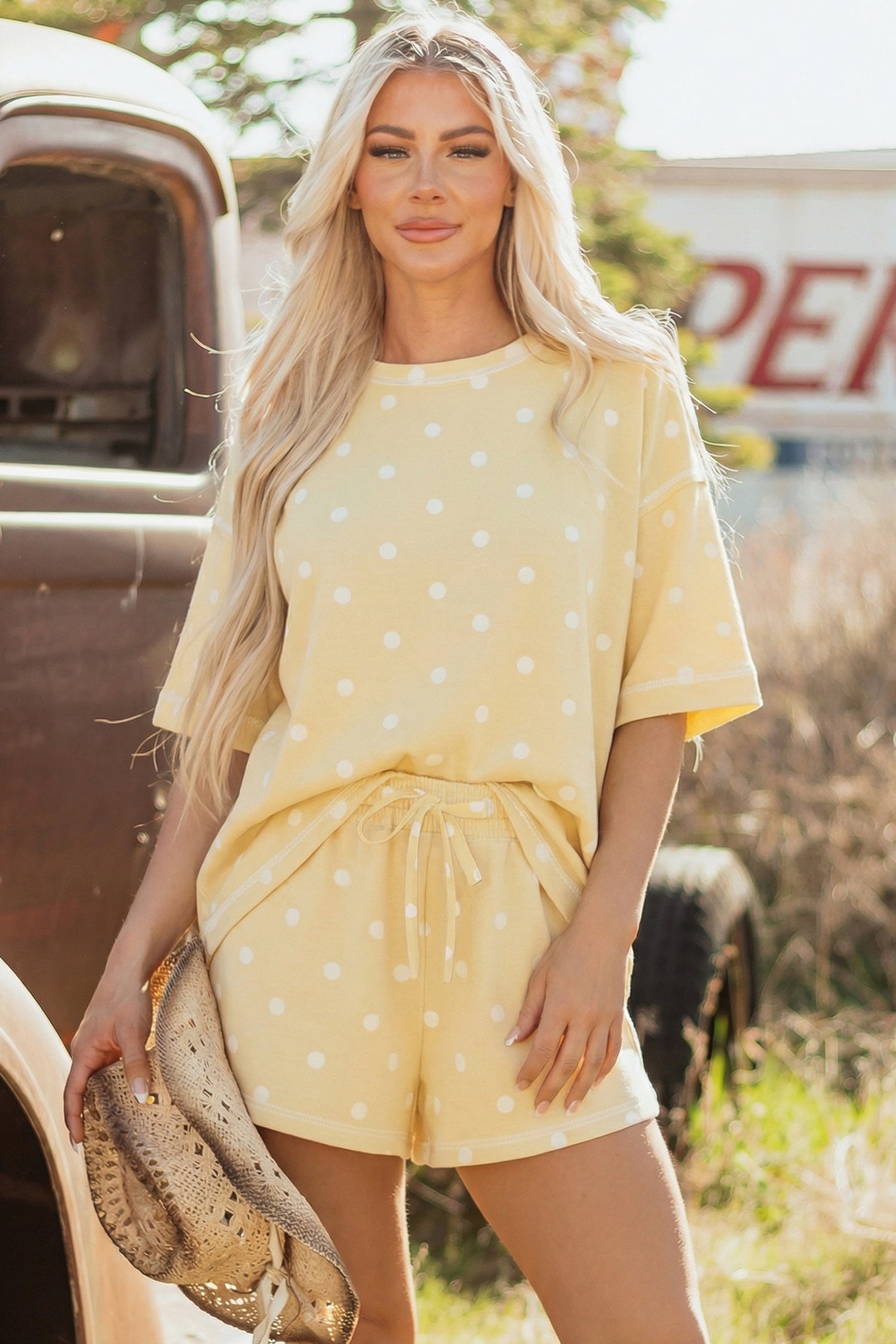 LivelyLooks White Polka Dot Exposed Seam Loose Tee & Drawstring Shorts Set S-XL women's fashion
