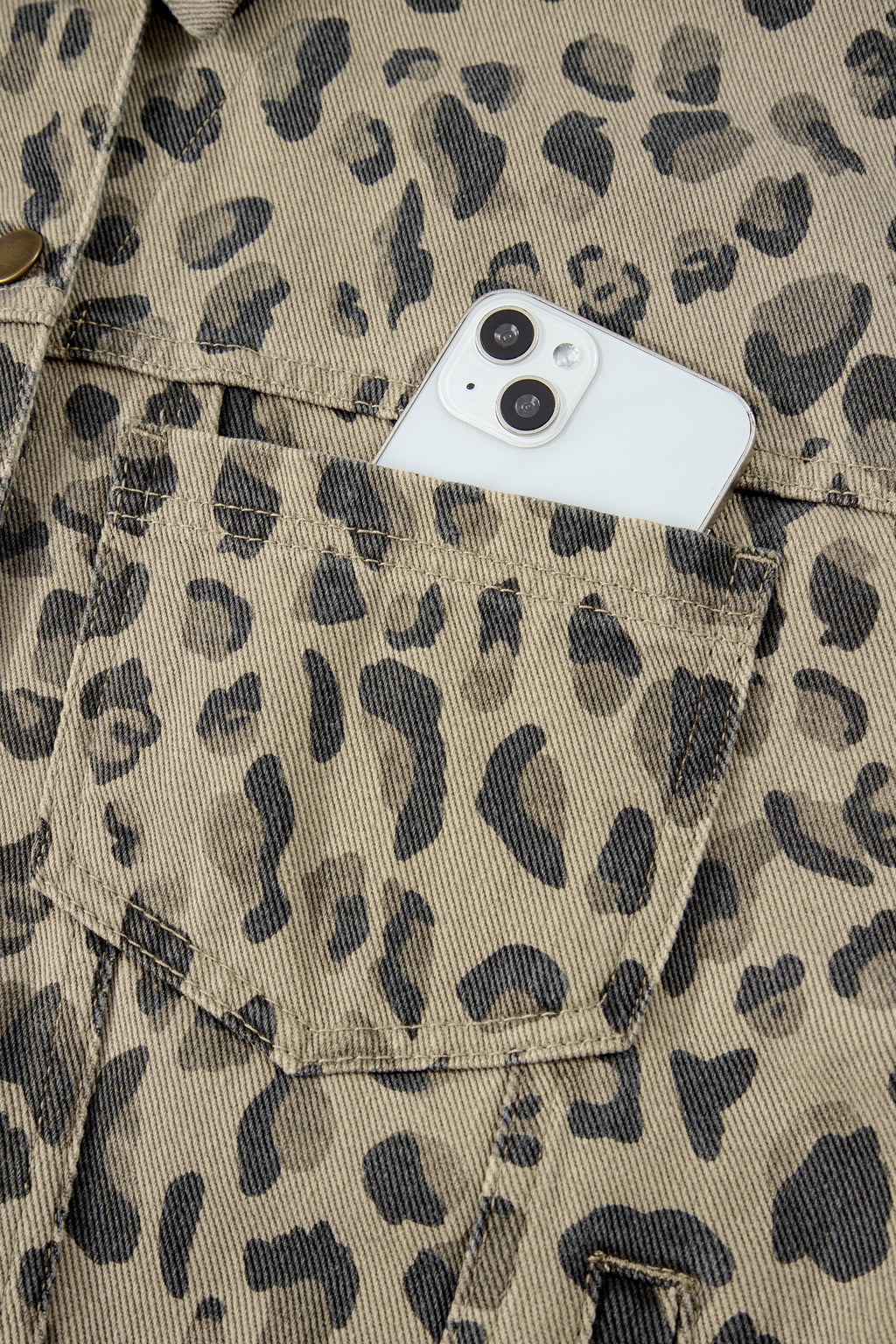Khaki Retro Leopard Print Seam Detail Button Down Denim Jacket | UK 8–22
