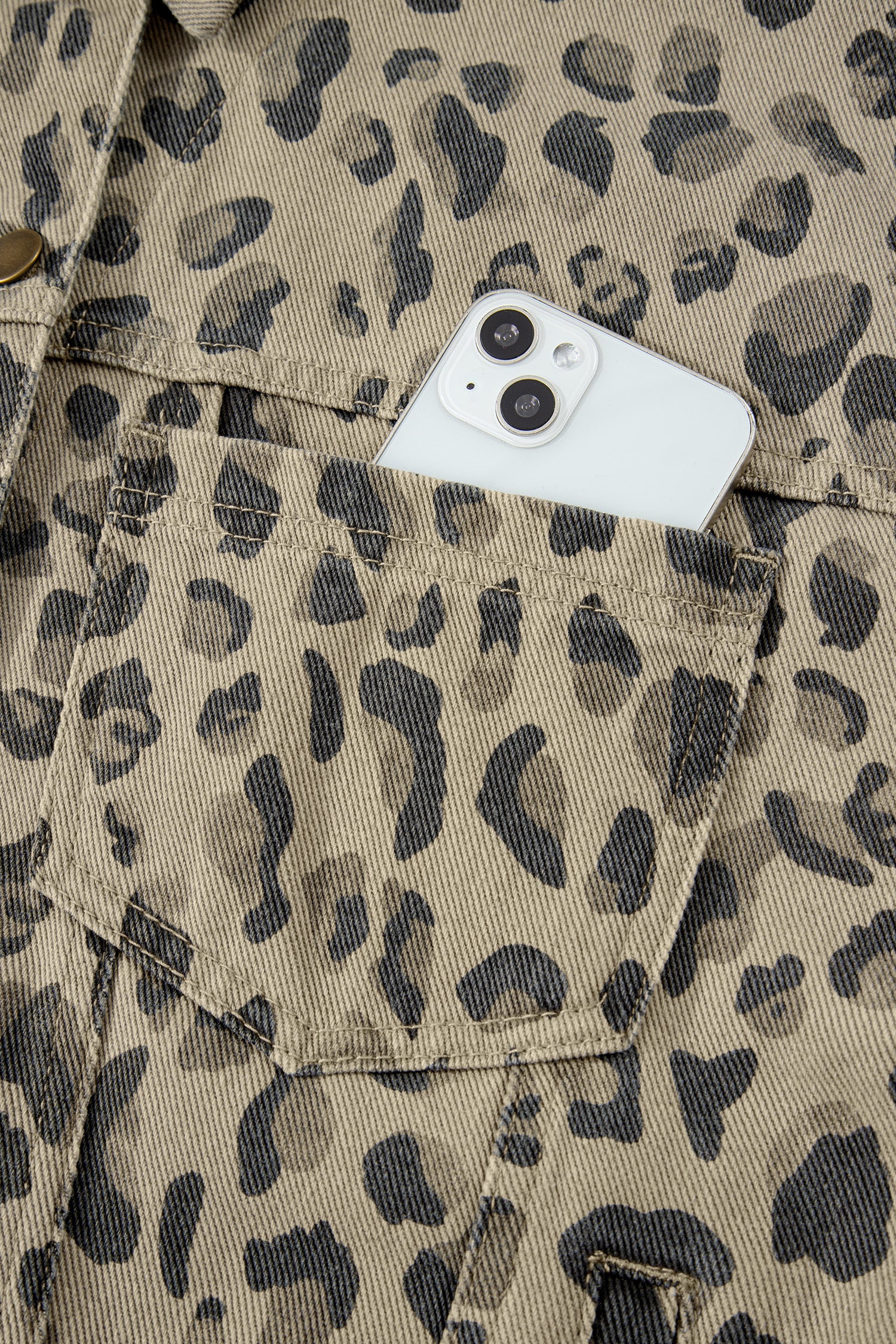 Khaki Retro Leopard Print Seam Detail Button Down Denim Jacket | UK 8–22