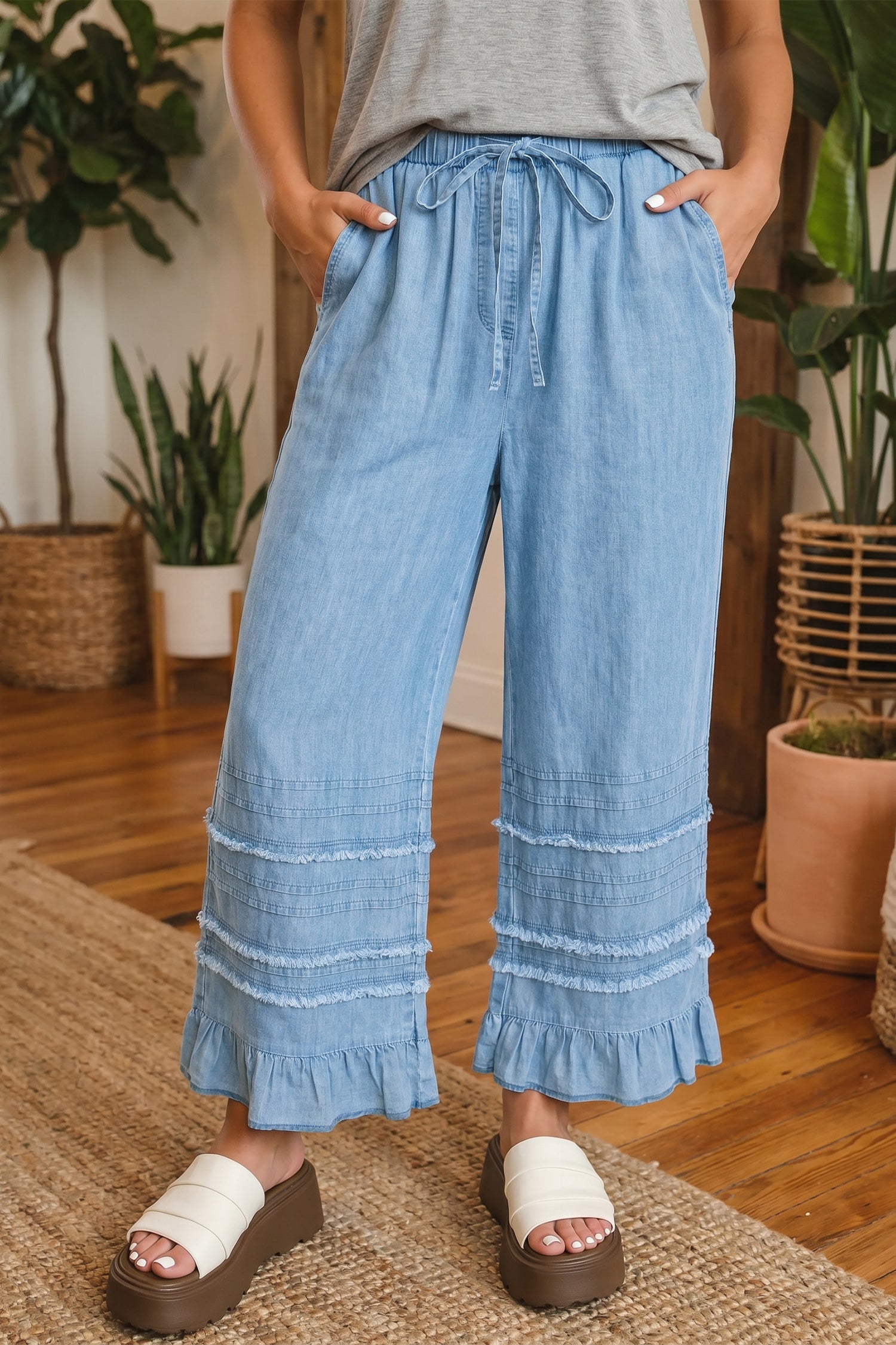 Beau Blue Ruffled Hem Wide Leg Chambray Trousers | Sizes 4-16