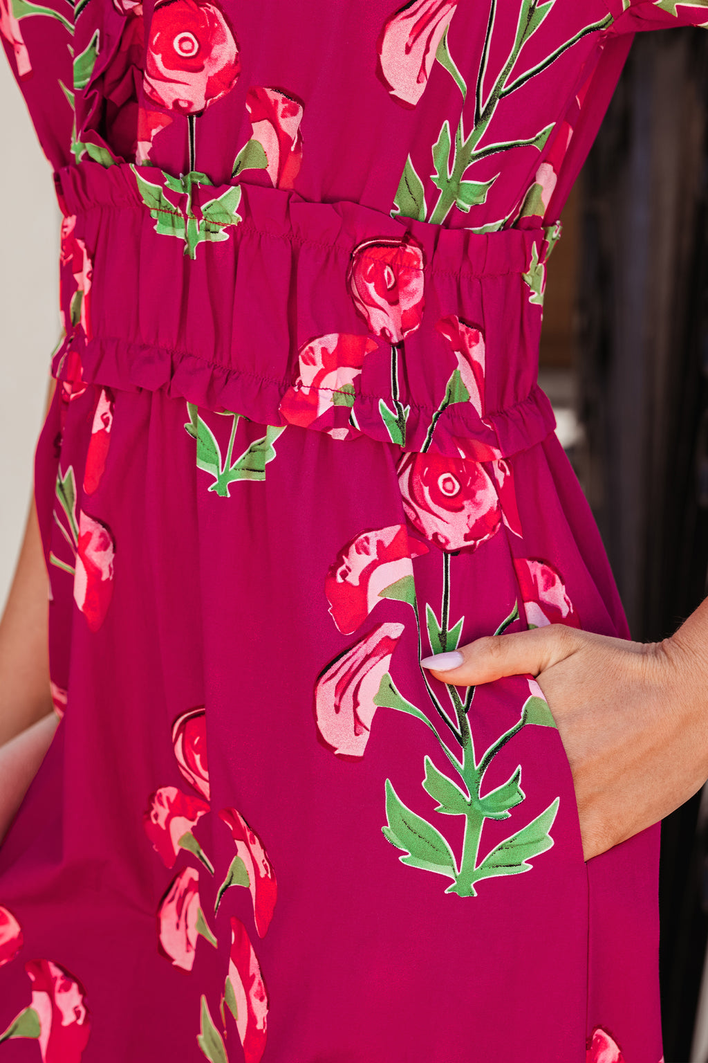 Women's Red Floral Ruffle V-Neck Short Sleeve Maxi Dress Vacation S-XL at LivelyLooks