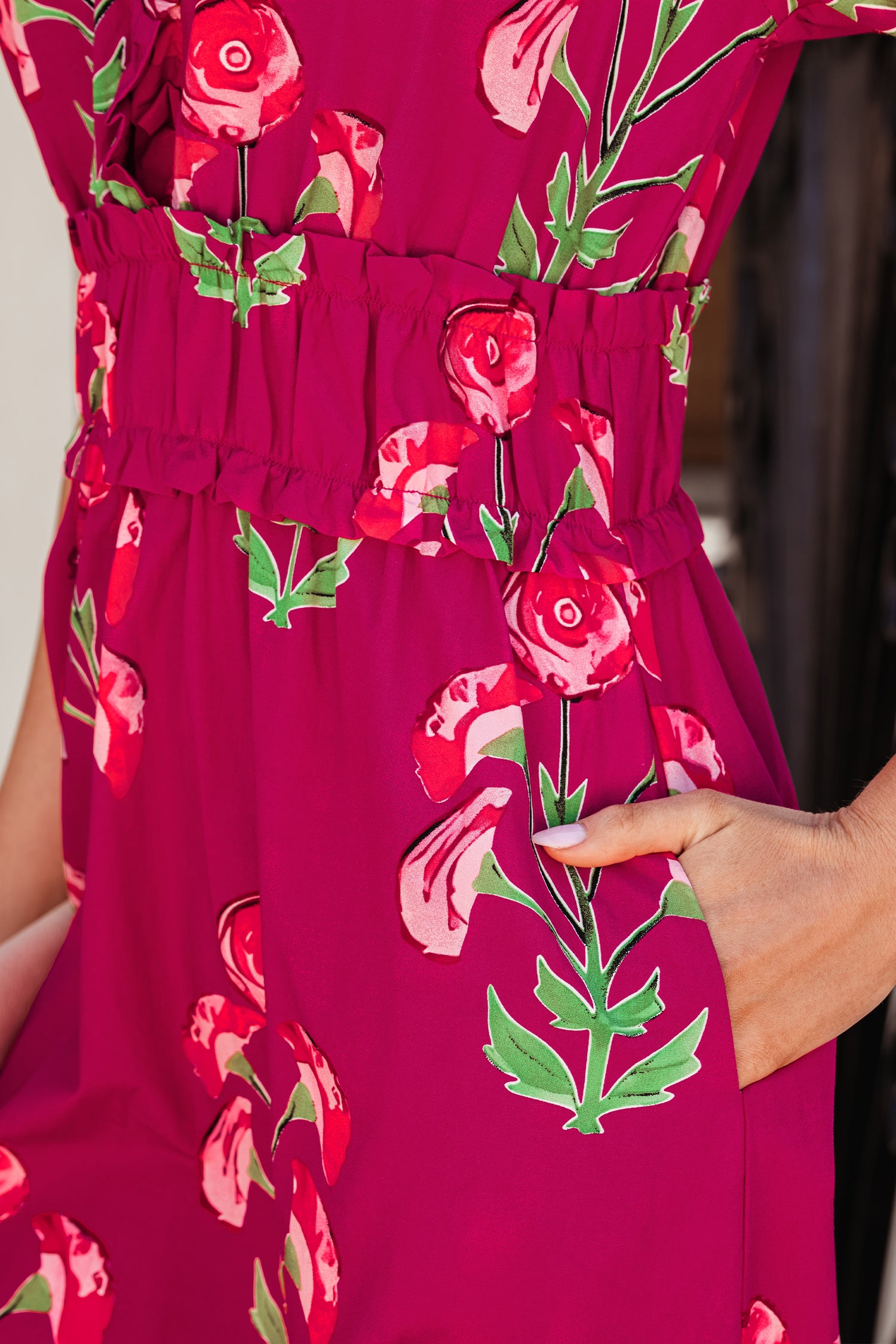 Women's Red Floral Ruffle V-Neck Short Sleeve Maxi Dress Vacation S-XL at LivelyLooks