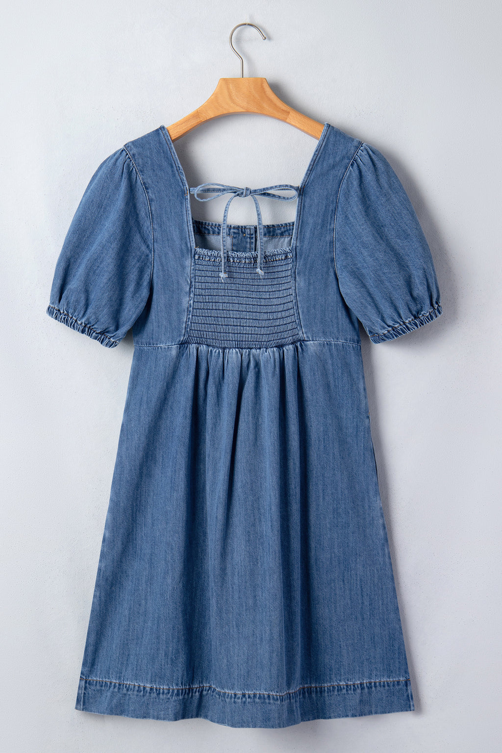 Women's Denim Mini Dress Square Neck Puff Sleeve Button Smocked Back S-XL at LivelyLooks