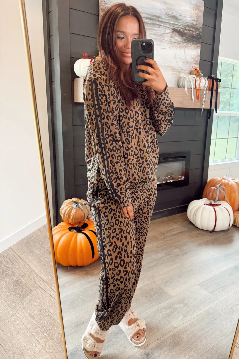 Brown Varsity Stripe Leopard Print Long Sleeve Top & Drawstring Trouser Set