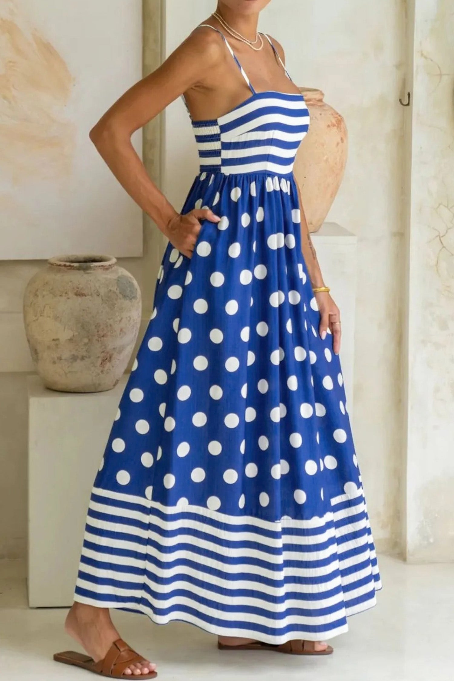 Women's Blue Striped Polka Dot Patchwork High Waist Maxi Dress at LivelyLooks