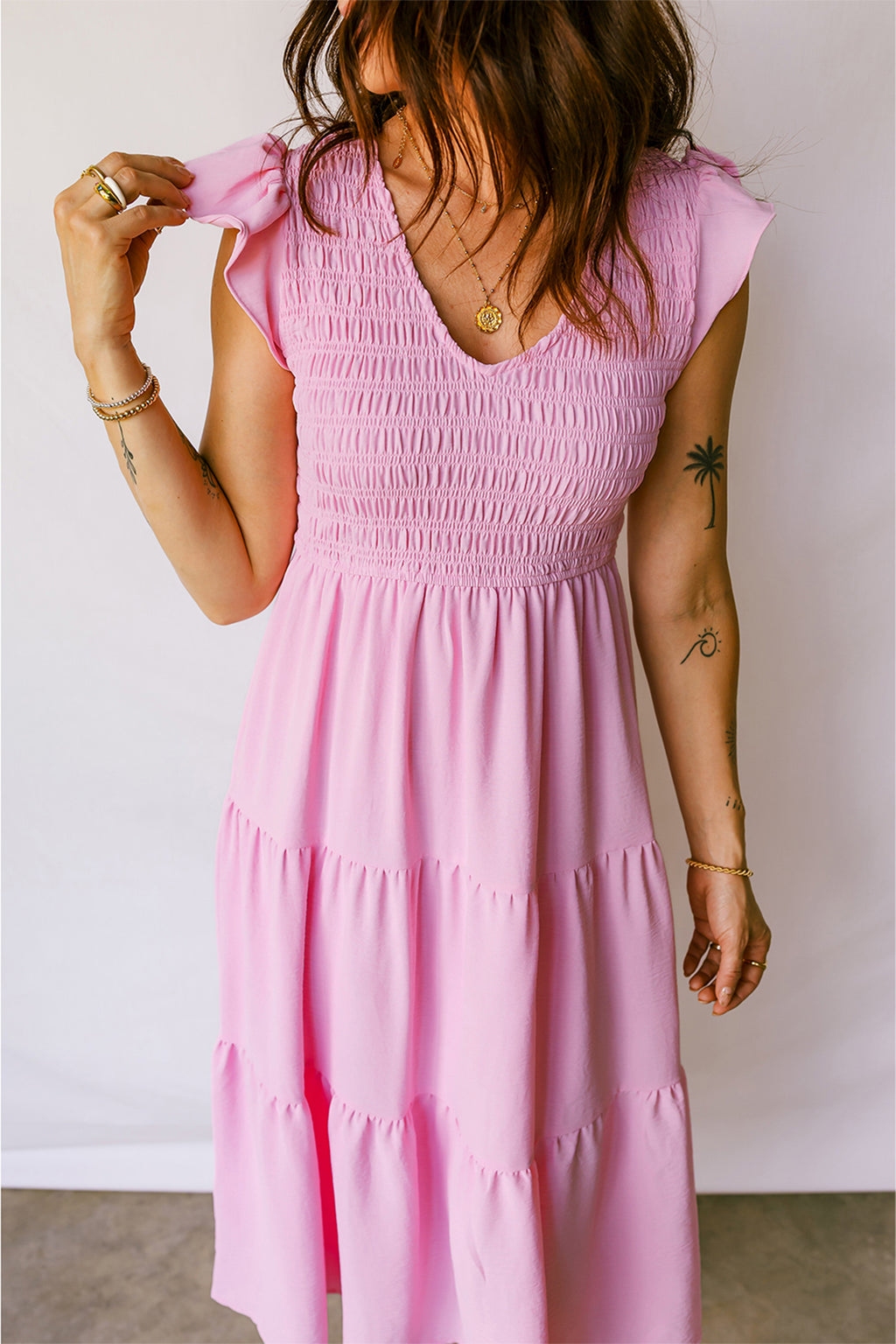 Women's Pink Smocked Bodice Flutter Sleeve Fit & Flare Tiered Midi Dress at LivelyLooks