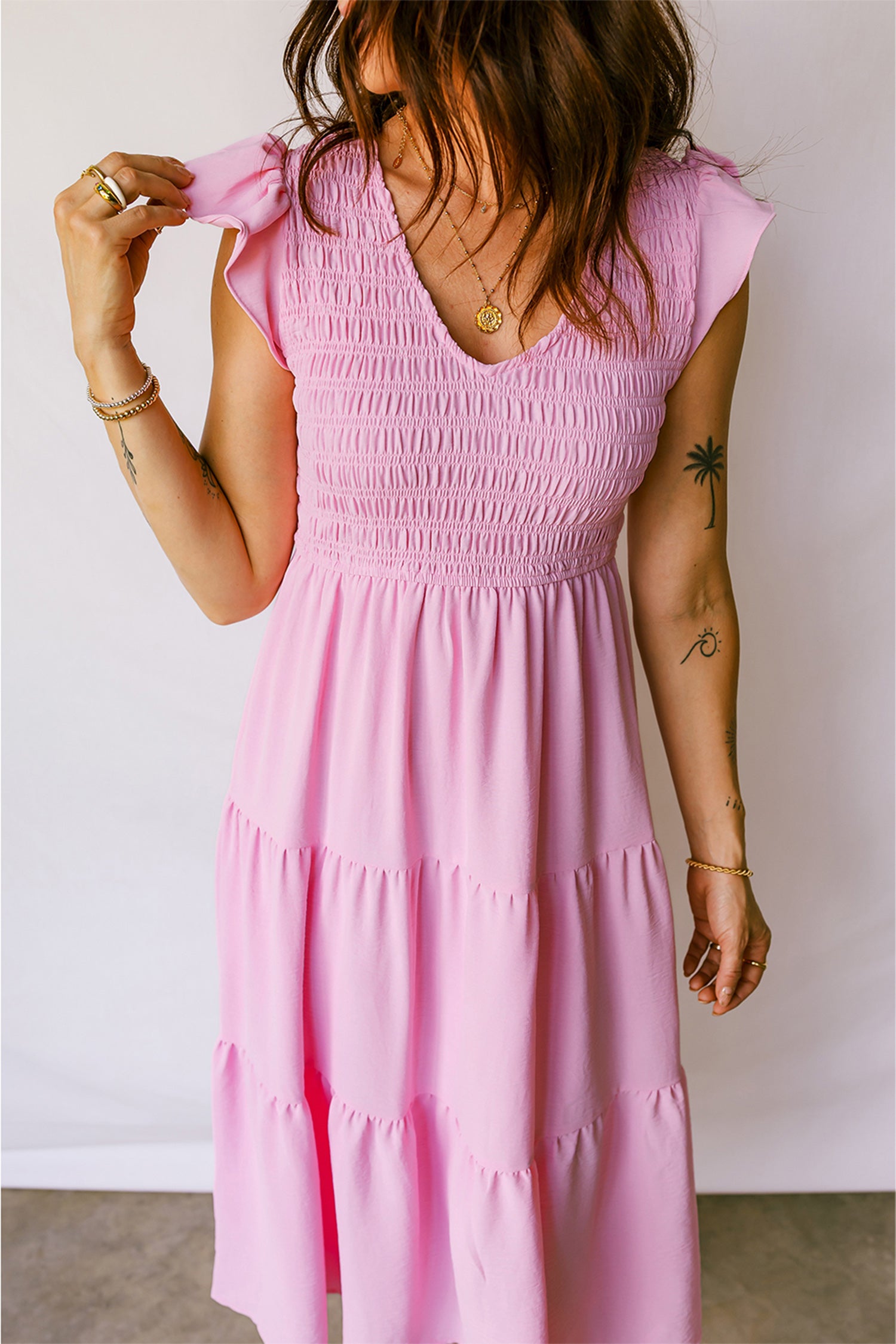 Women's Pink Smocked Bodice Flutter Sleeve Fit & Flare Tiered Midi Dress at LivelyLooks