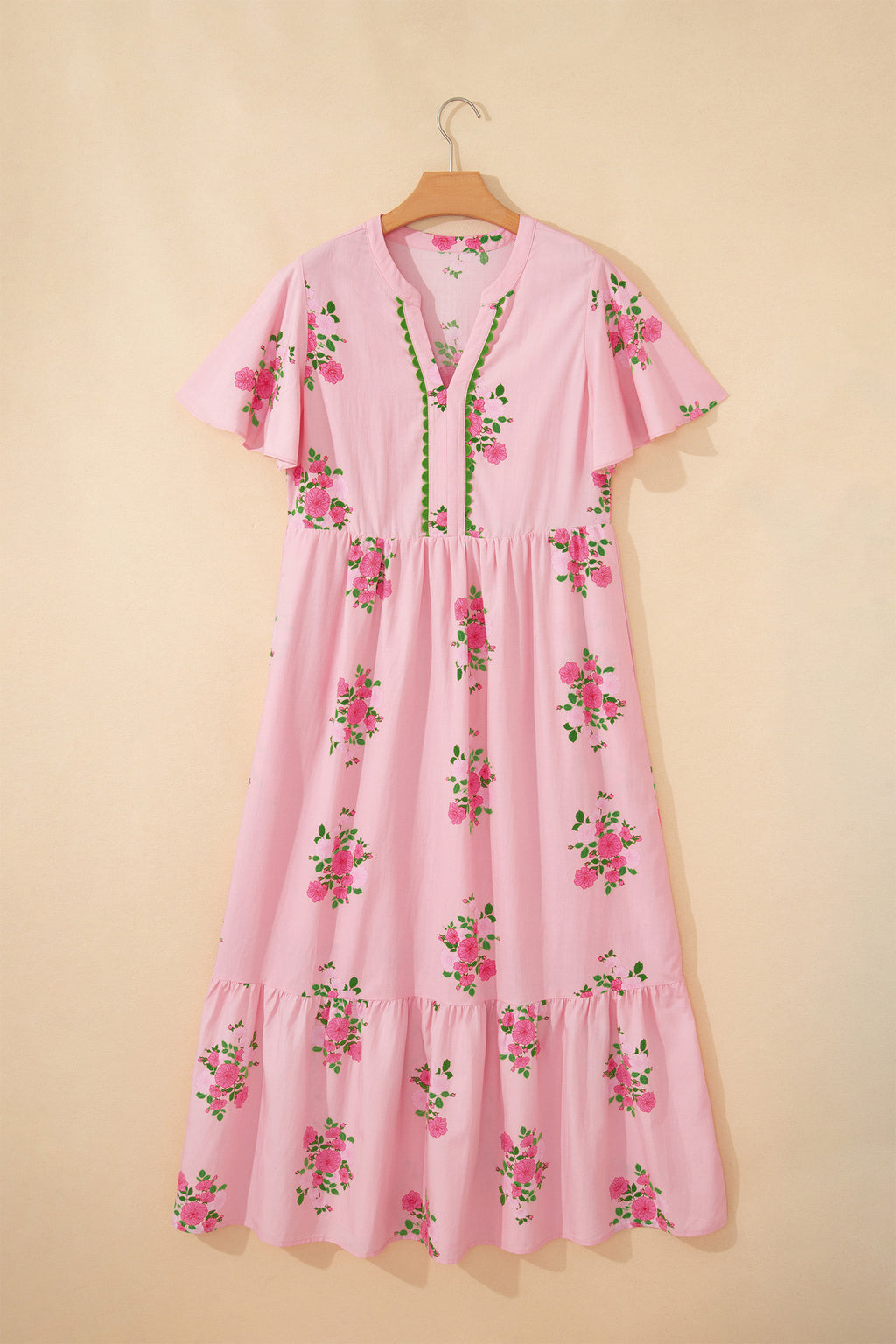 Shop Women's Floral Maxi Dress Flutter Sleeve Notched Neck Summer Holiday Pink Blue at LivelyLooks