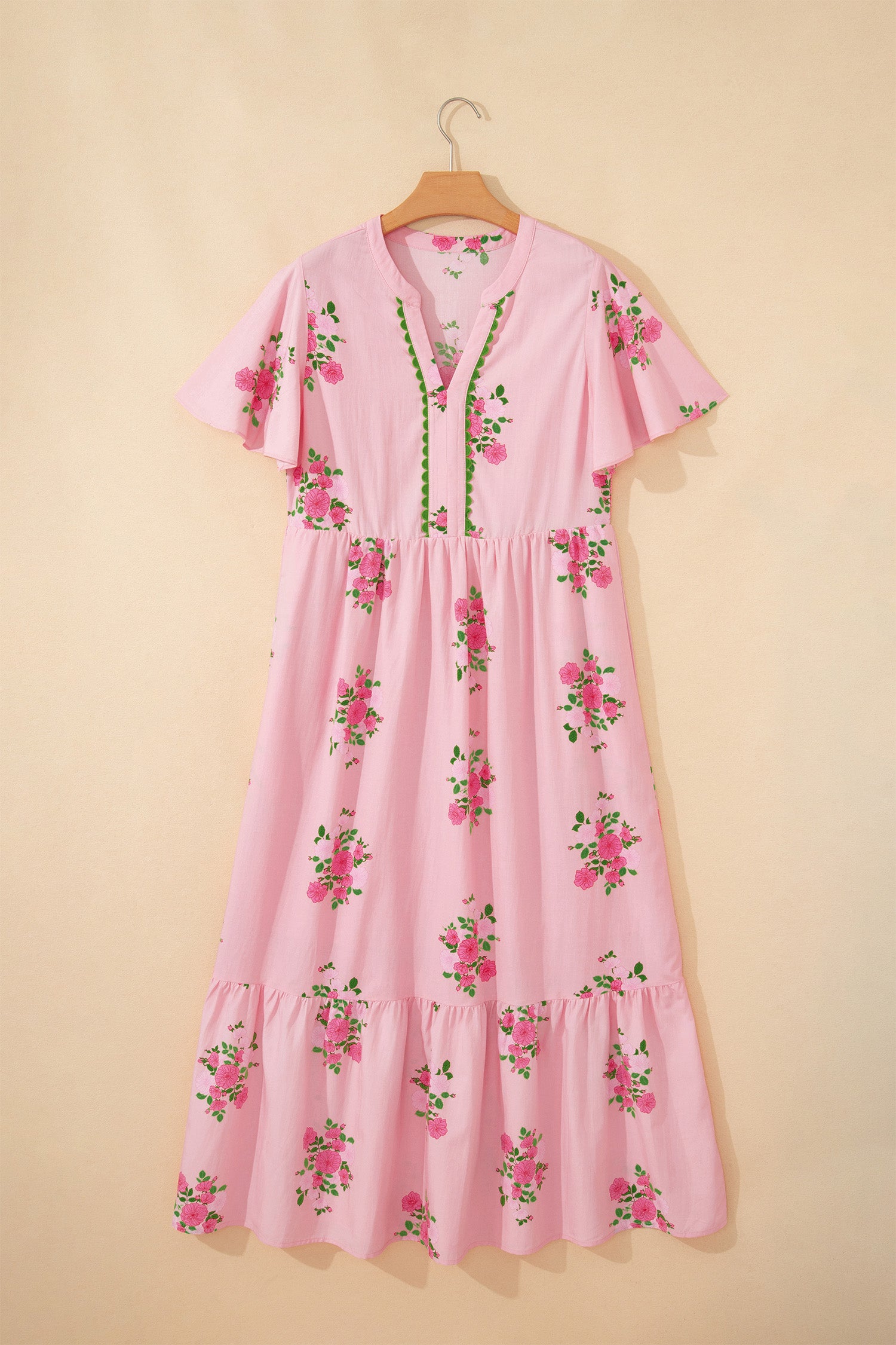 Shop Women's Floral Maxi Dress Flutter Sleeve Notched Neck Summer Holiday Pink Blue at LivelyLooks