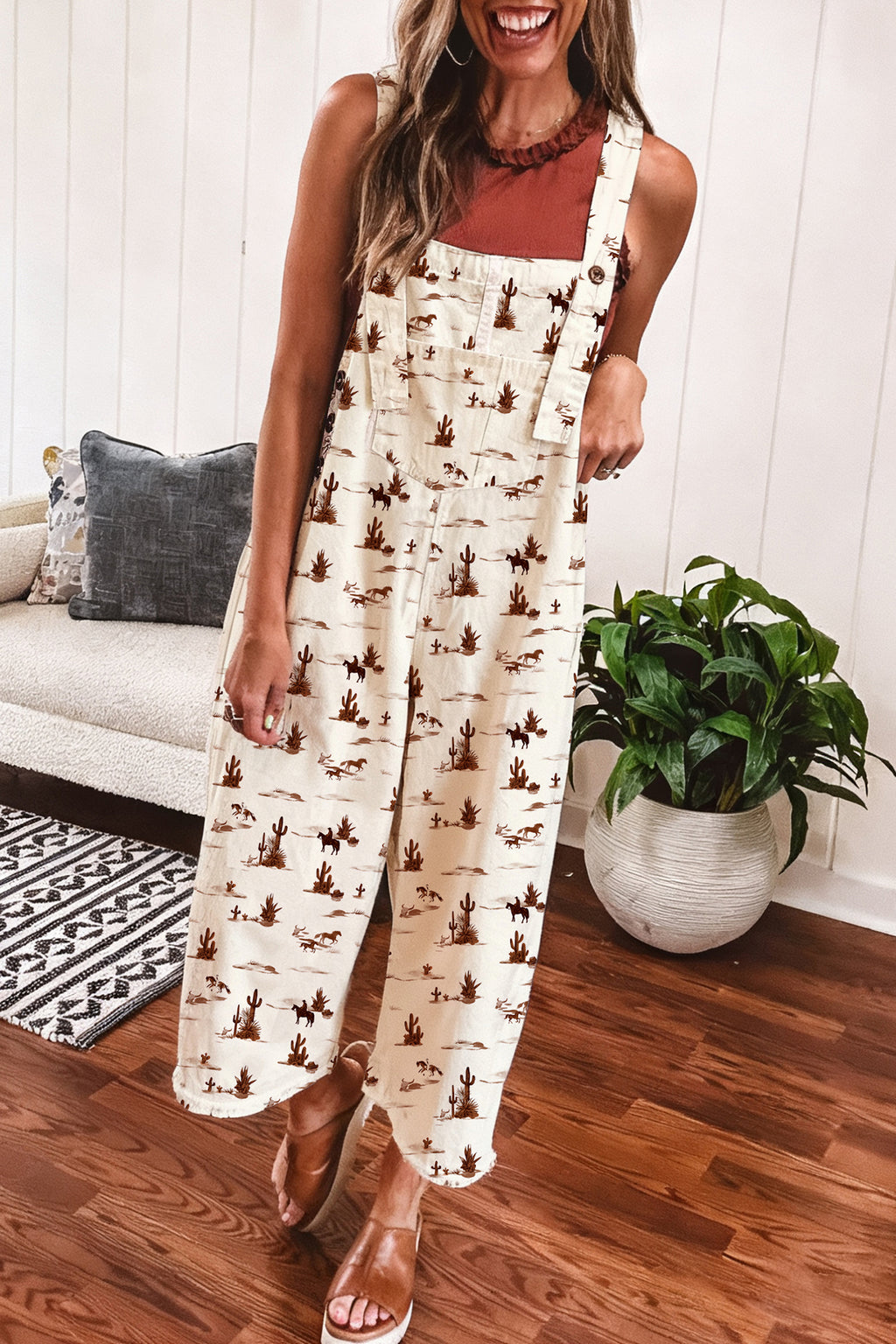Women's Beige Western Print Adjustable Strap Loose Dungaree Jumpsuit at LivelyLooks