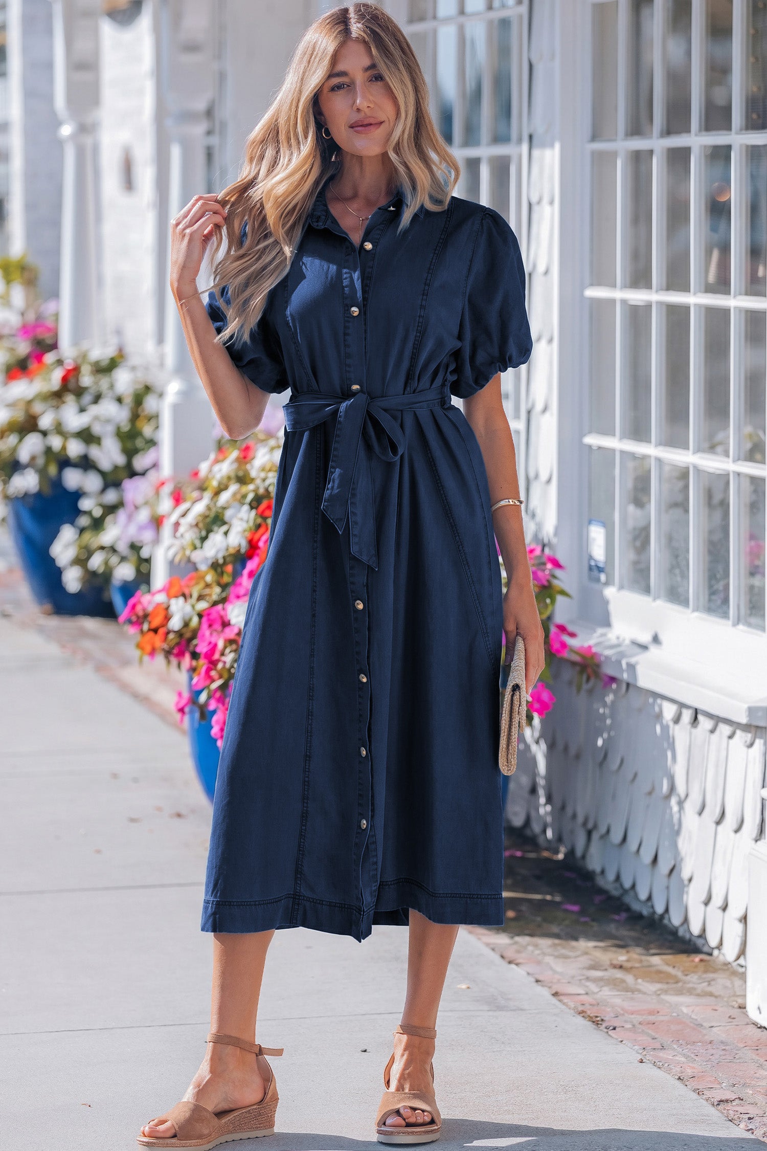 Women's Blue Button-Down Collared Bubble Sleeve Long Denim Dress at LivelyLooks