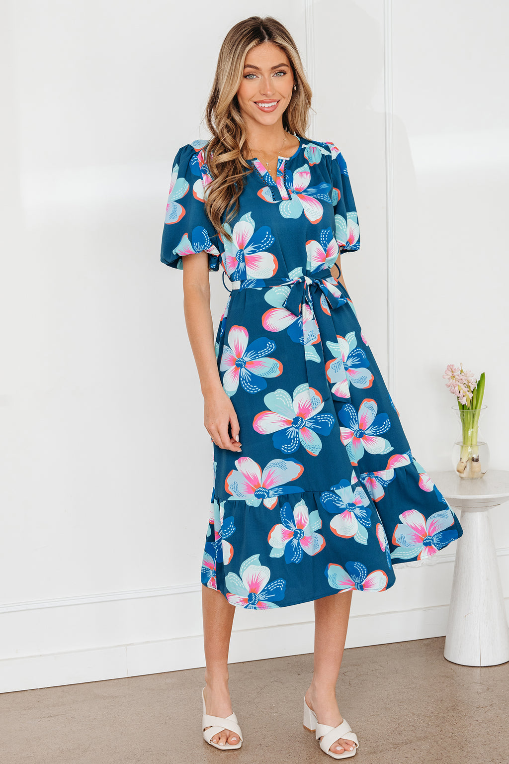 Blue Floral Puff Sleeve Ruffle Hem Belted Long Dress S-XL