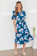 Blue Floral Puff Sleeve Ruffle Hem Belted Long Dress S-XL