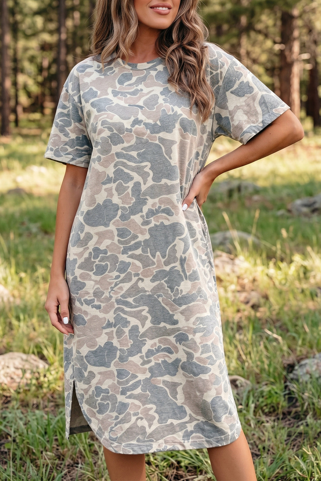 Women's Camo Print Drop Shoulder Side Slit Casual Dress Multicolour S-XL
