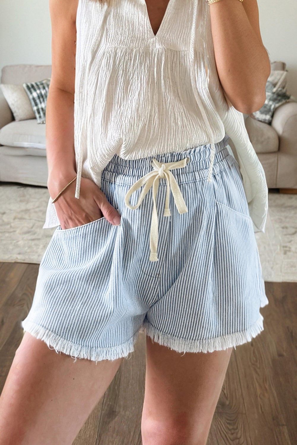 LivelyLooks Sky Blue Stripe Raw Edge Drawstring Elastic Waist Denim Shorts UK 8-20 women's fashion
