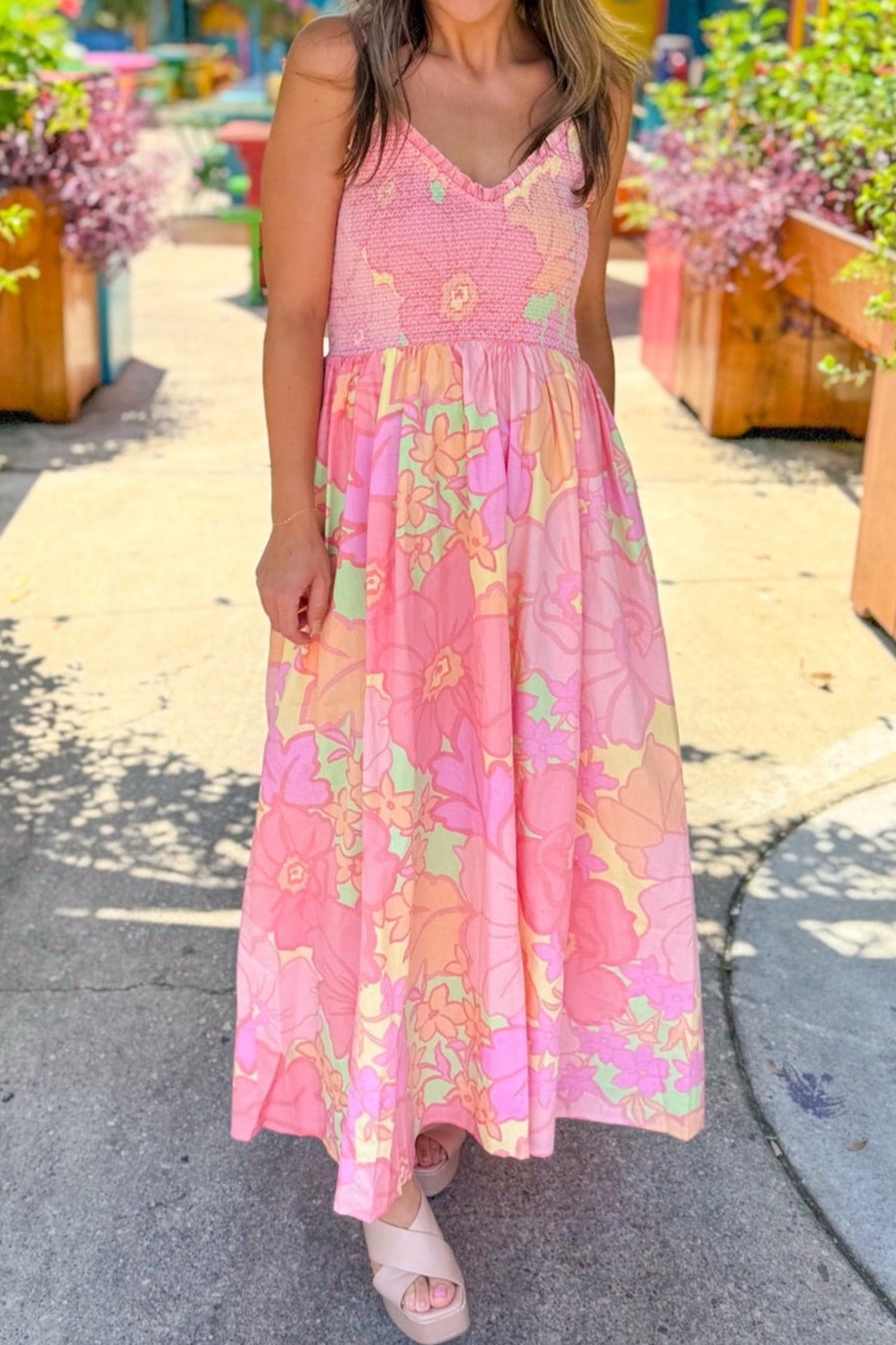 Pink Spaghetti Strap Floral Shirred High Waist Midi Dress S-XL