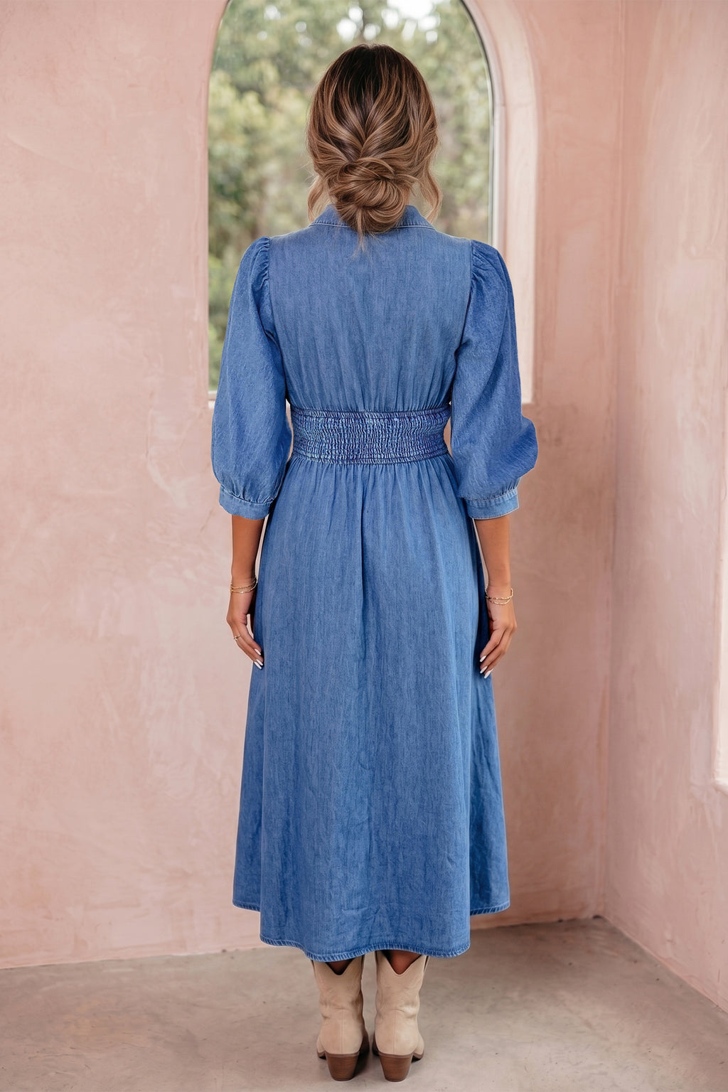Blue V Neck Shirred Waist Metal Zipper Denim Midi Dress | UK 8–22