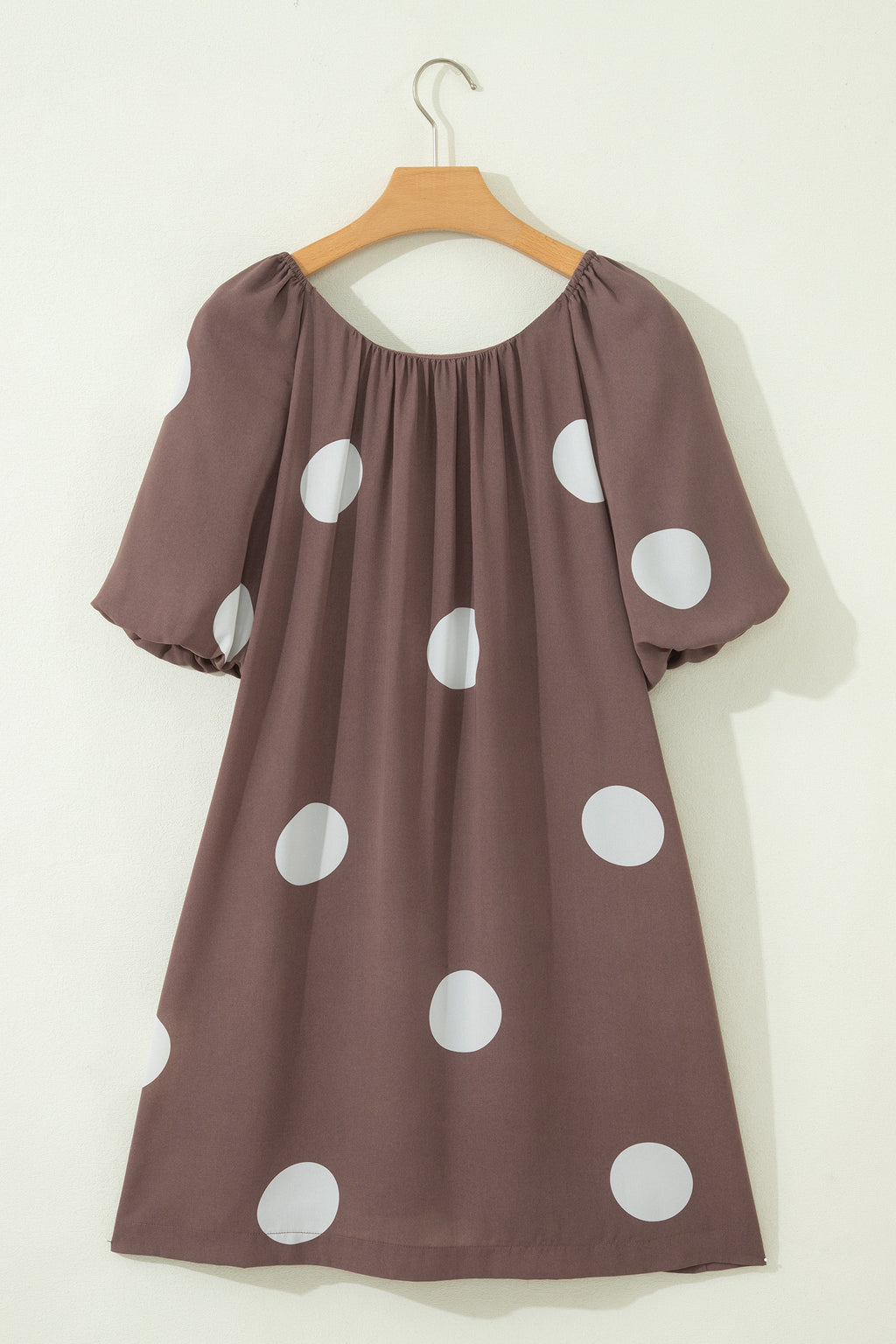 Shop Brown Polka Dot Puff Sleeve Mini Dress Knot Back Loose Fit UK 8-22 at LivelyLooks