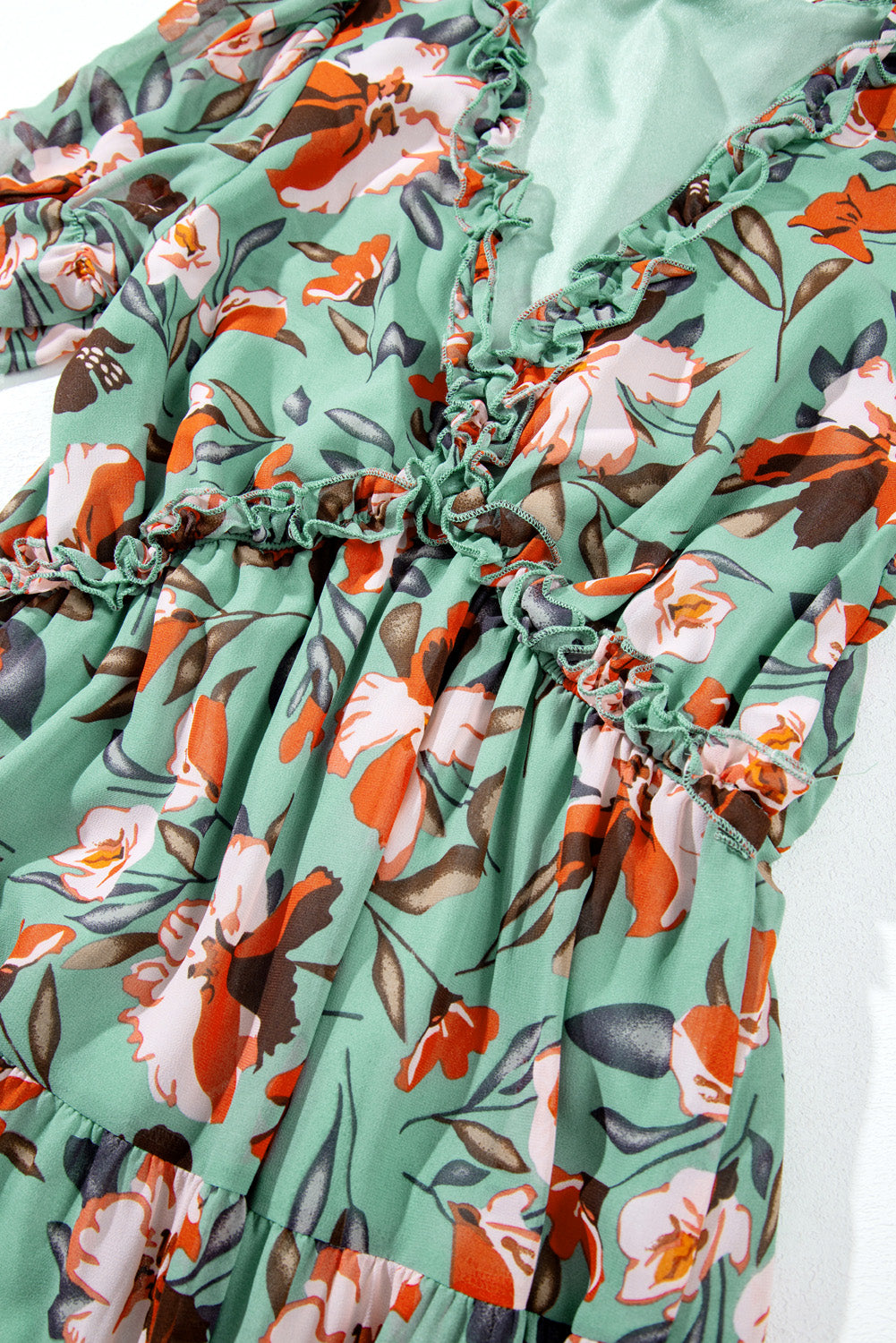Women's Floral Print Frilled V-Neck Short Sleeve Maxi Dress Blue Black Green S-XL at LivelyLooks