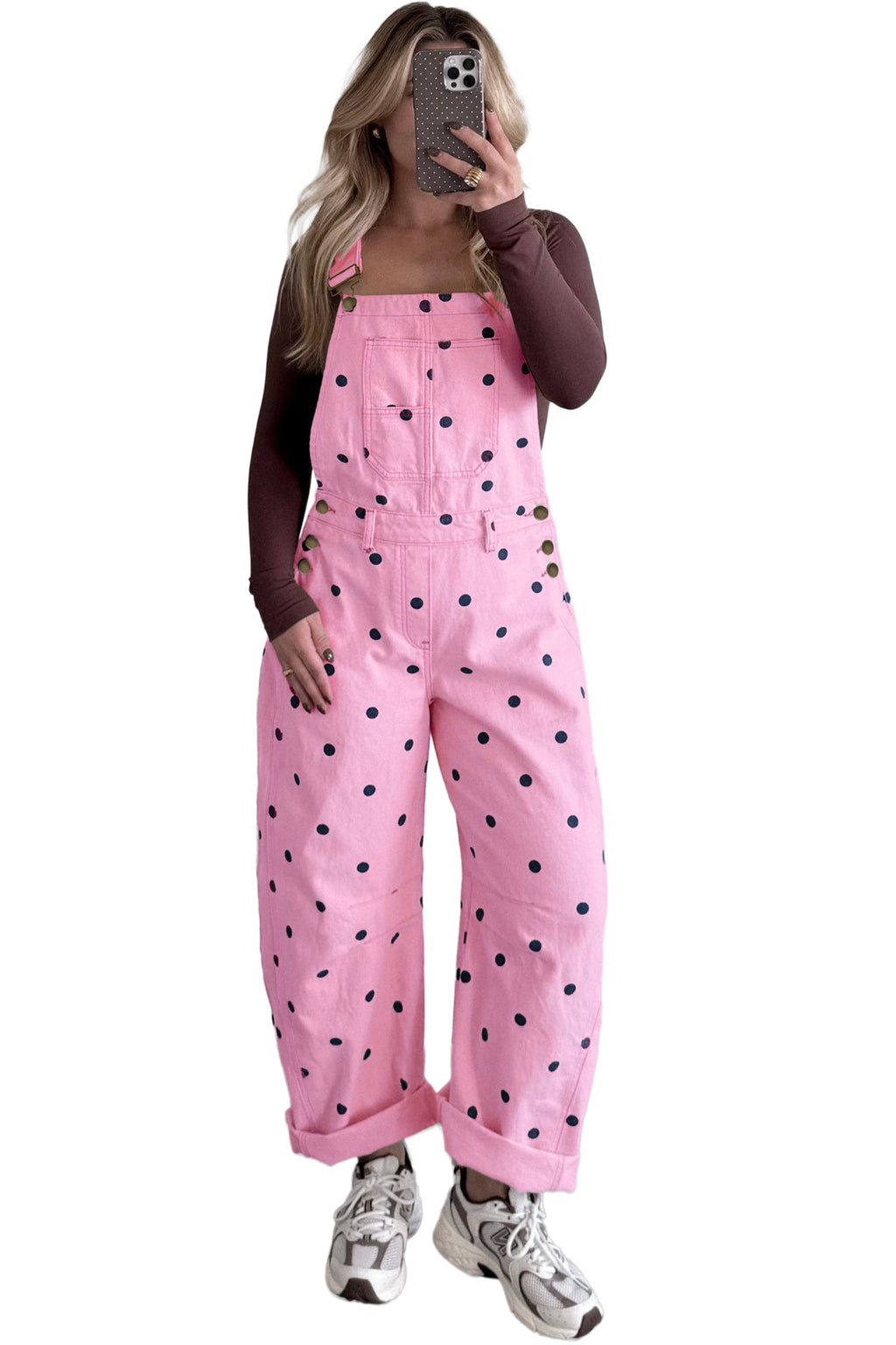 Polka Dot Denim Barrel Overalls Jumpsuit | Cream Beige Pink UK 8–22