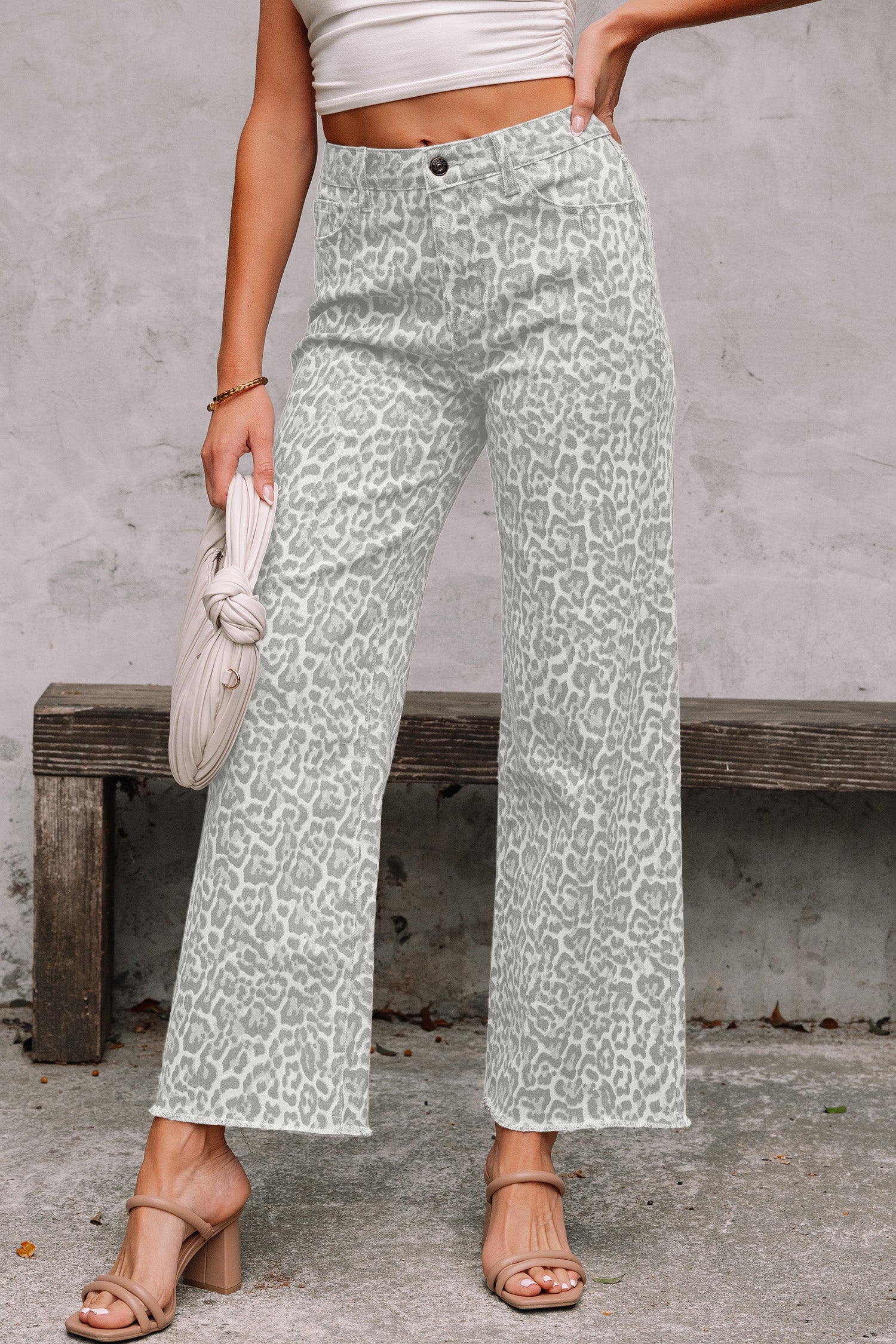 Women's Leopard Print Wide Leg High Waist Jeans | Brown, Grey, Blue & Pink at LivelyLooks