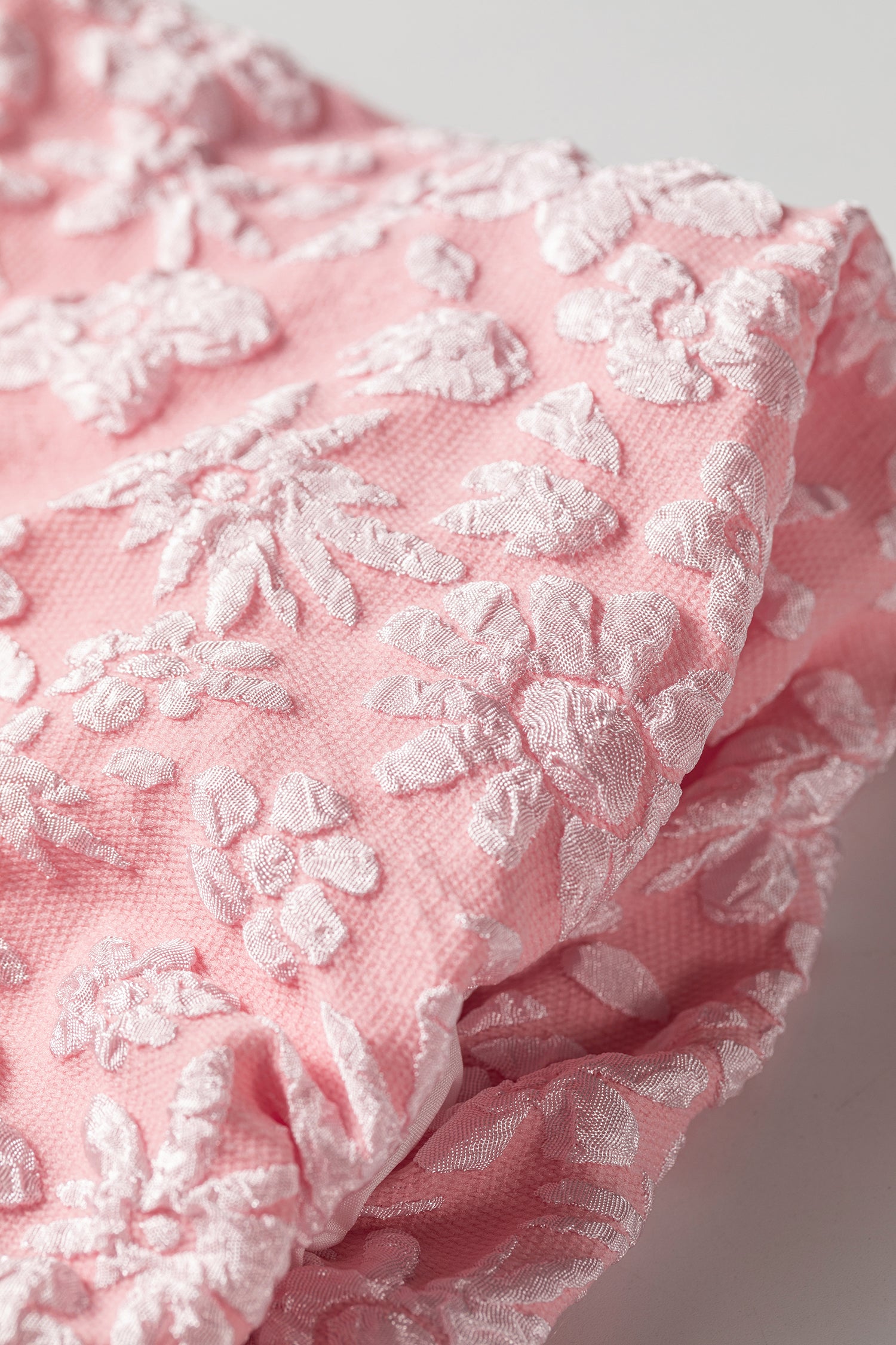 Floral Textured Jacquard Puff Sleeve Blouse Iceland Blue Beige Apricot Pink S-XL