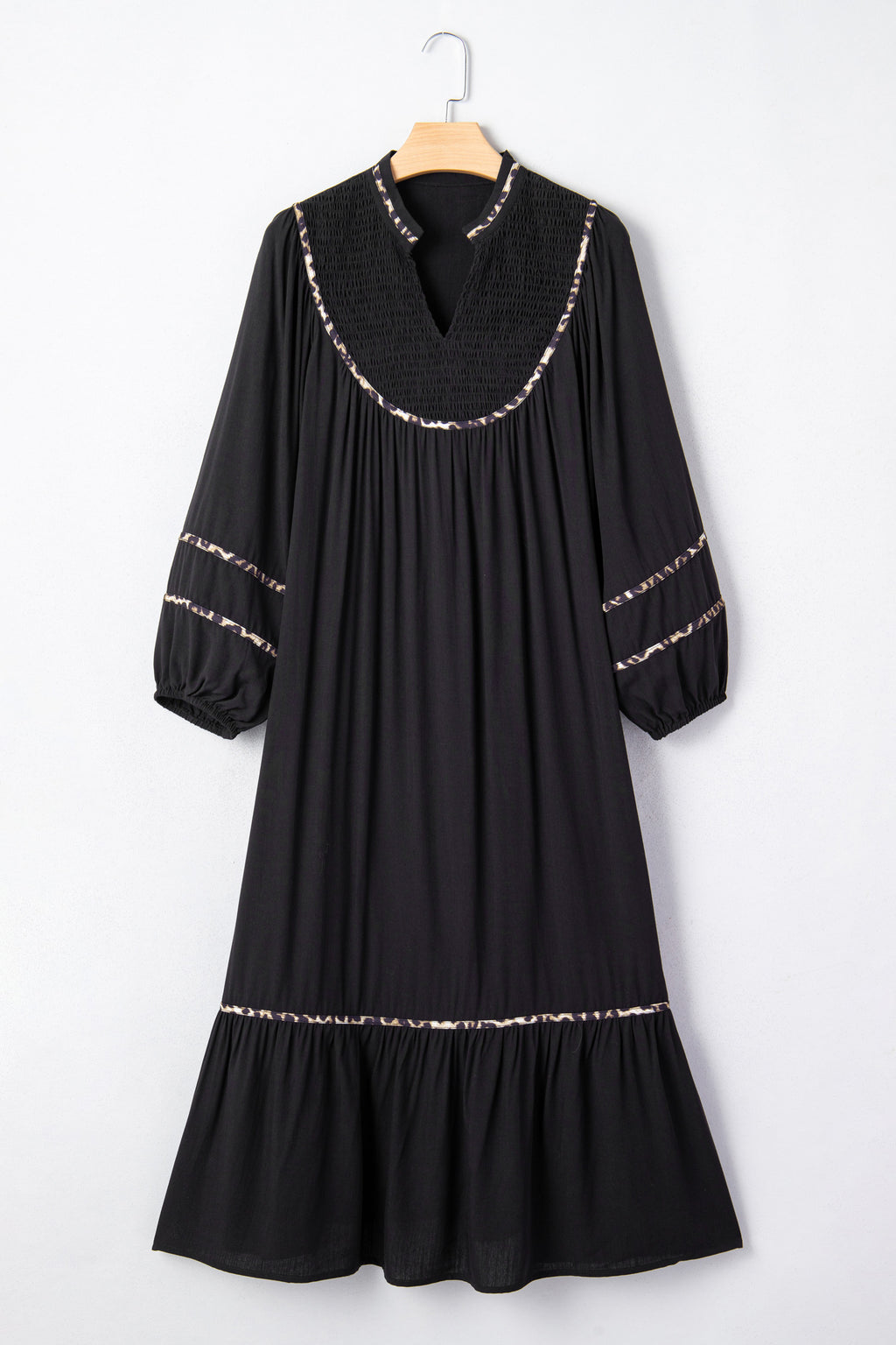 Women's Black Leopard Trim Split Neck Long Sleeve Midi Dress at LivelyLooks