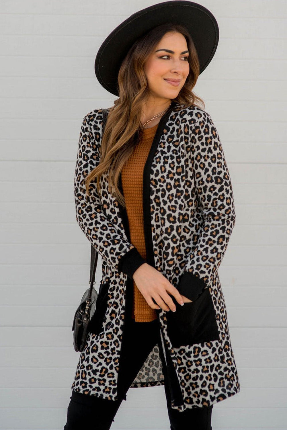 LivelyLooks Black Leopard Patched Pocket Open Front Knit Cardigan S-XL women's fashion