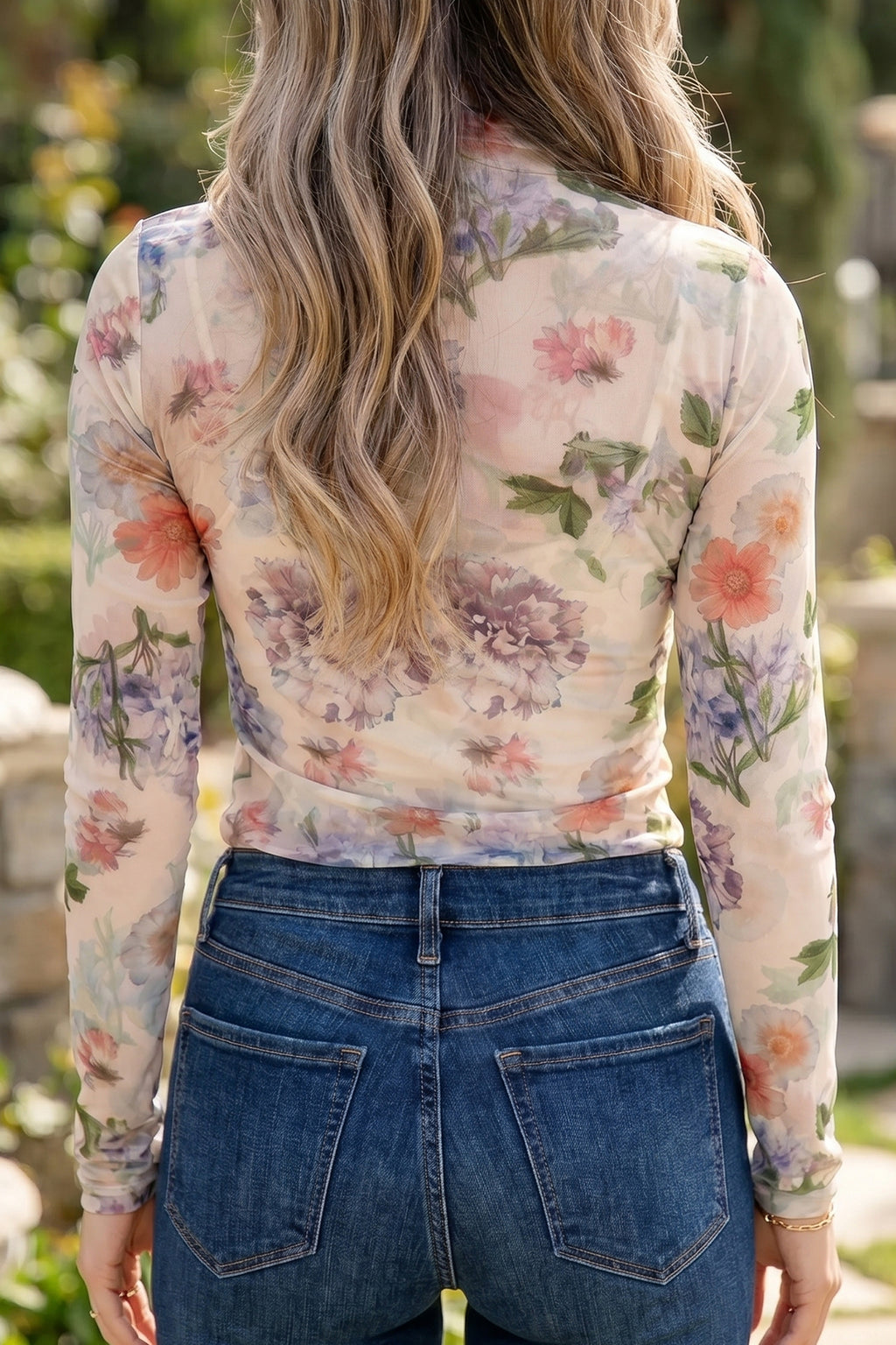 Floral Mock Neck Thumbhole Long Sleeve Sheer Top – Apricot
