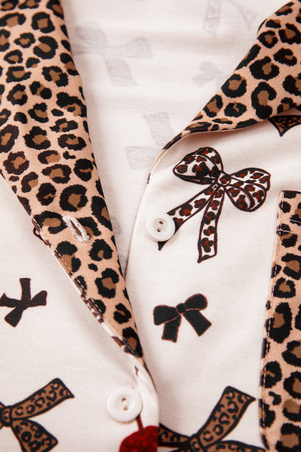 Women's White Cherry Print Leopard Patchwork PJ Set Bow Shirt and Drawstring Shorts Pyjamas at LivelyLooks