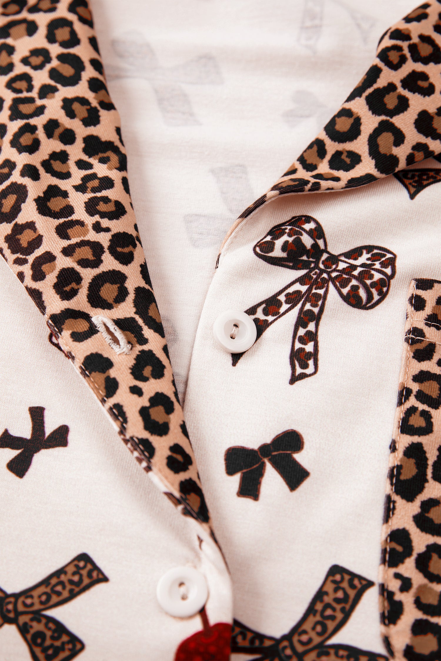 Women's White Cherry Print Leopard Patchwork PJ Set Bow Shirt and Drawstring Shorts Pyjamas at LivelyLooks