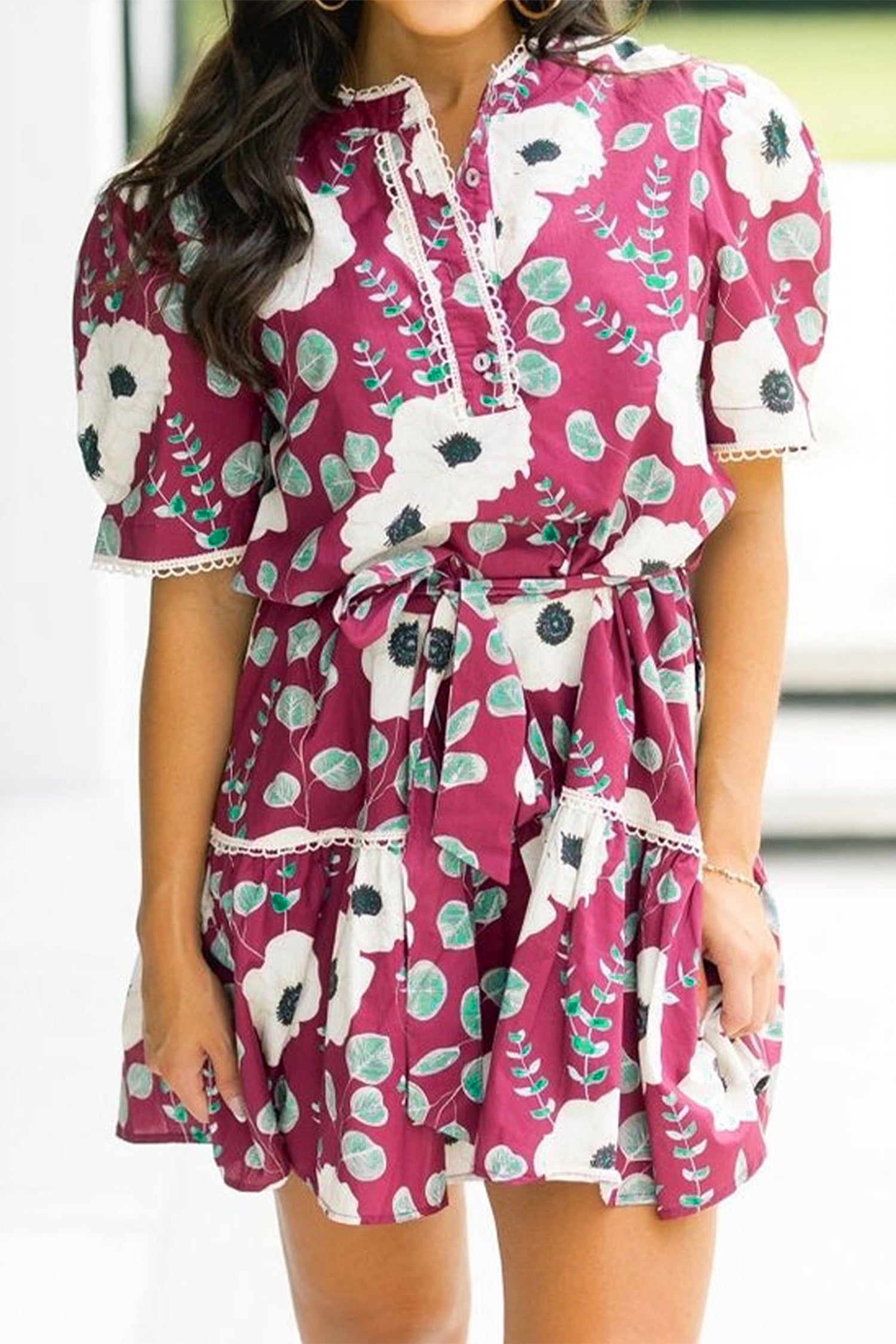 Red Floral Print Trimmed Short Puff Sleeve Belted Mini Dress | UK 8–22