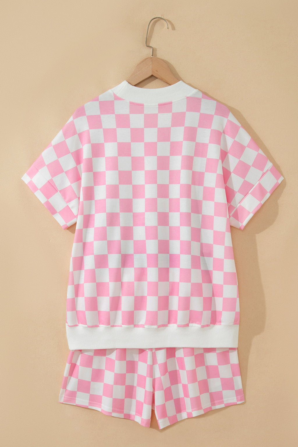 LivelyLooks Pink Checkered Print Colour Block Trim Mock Neck Short Set Two Piece Co-ord PJ women's fashion