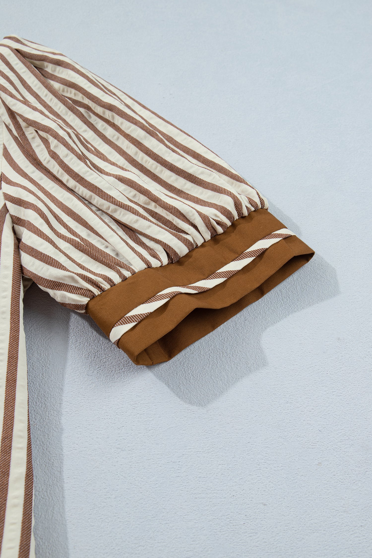 Brown Stripe Colour Block Ruffle Hem Shirt Collar Mini Dress S-XL
