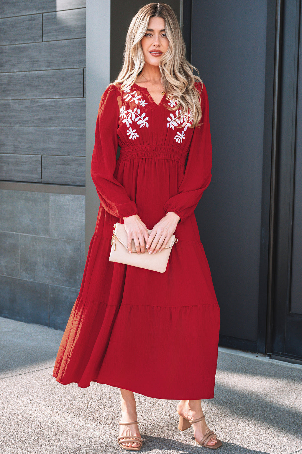 Racing Red Embroidered Cinched Waist Tiered Long Sleeve Maxi Dress S-XL