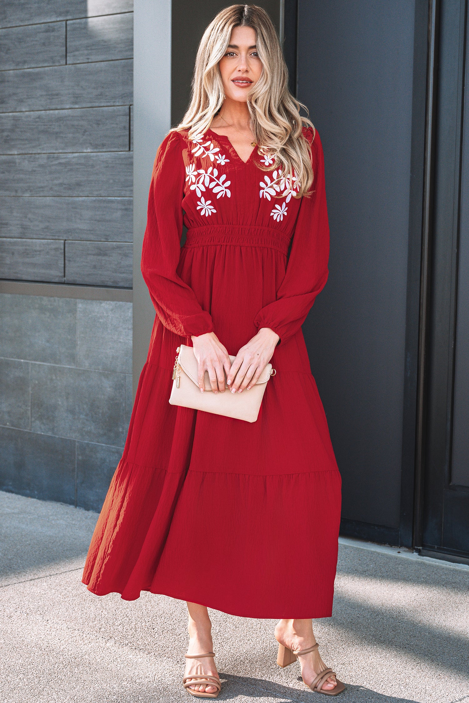 Racing Red Embroidered Cinched Waist Tiered Long Sleeve Maxi Dress S-XL